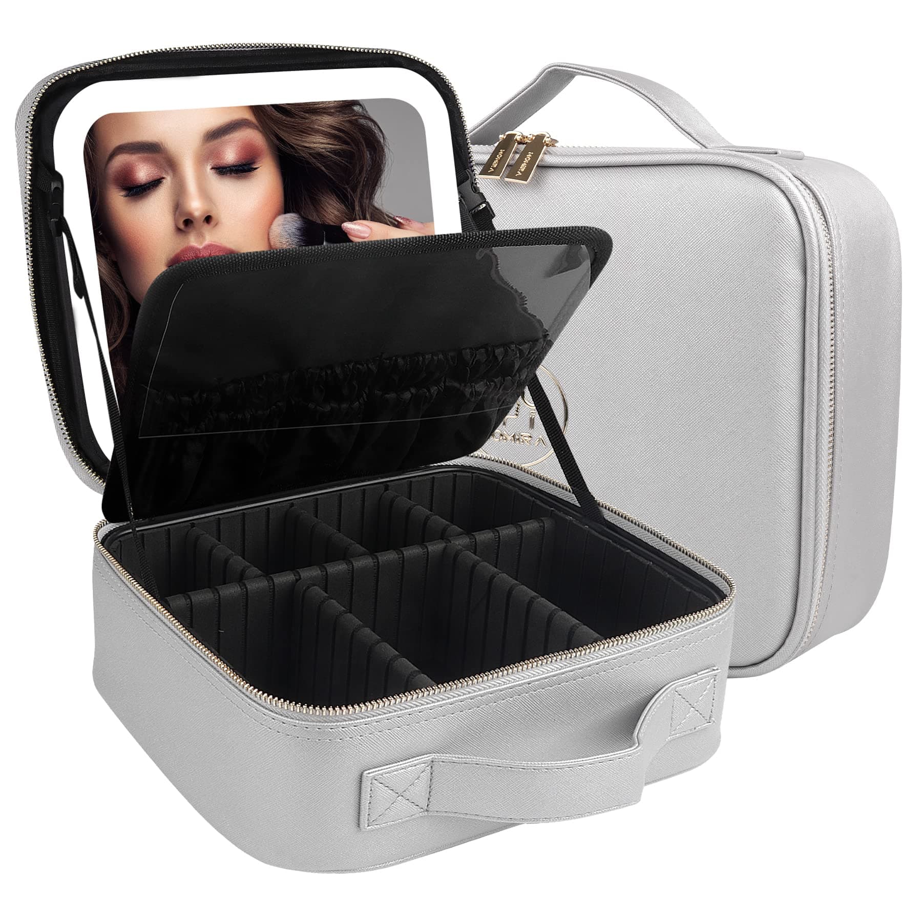 Makeup Bag with Mirror and Light Travel Makeup Train Case Cosmetic Bag Organizer Portable Artist Storage Bag with Adjustable Dividers Makeup Brushes Storage Organizer Silver