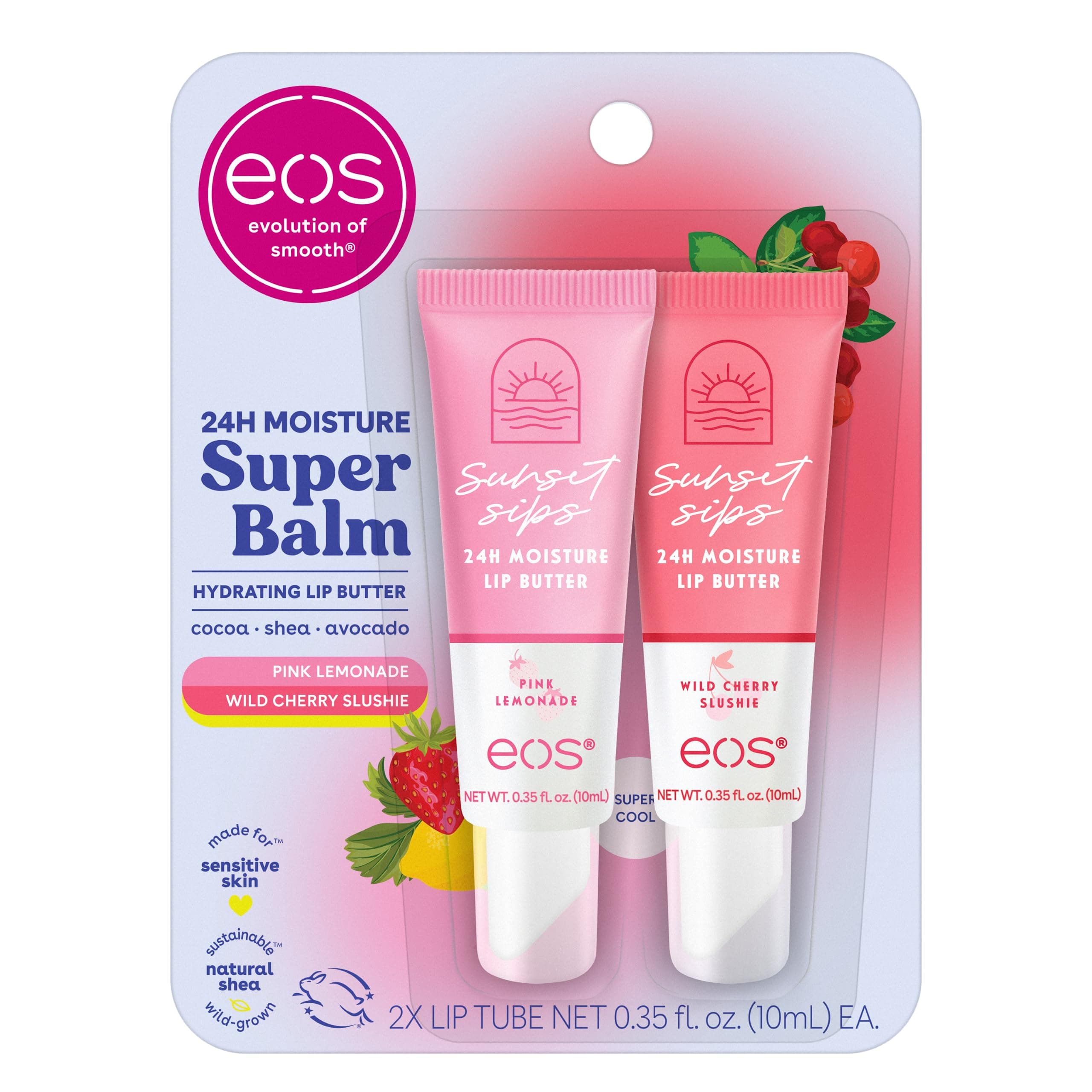 24H Moisture Super Balm- Pink Lemonade & Wild Cherry Slushie, Lip Mask, Day or Night Lip Treatment, Made for Sensitive Skin, 0.35 fl oz, 2-Pack
