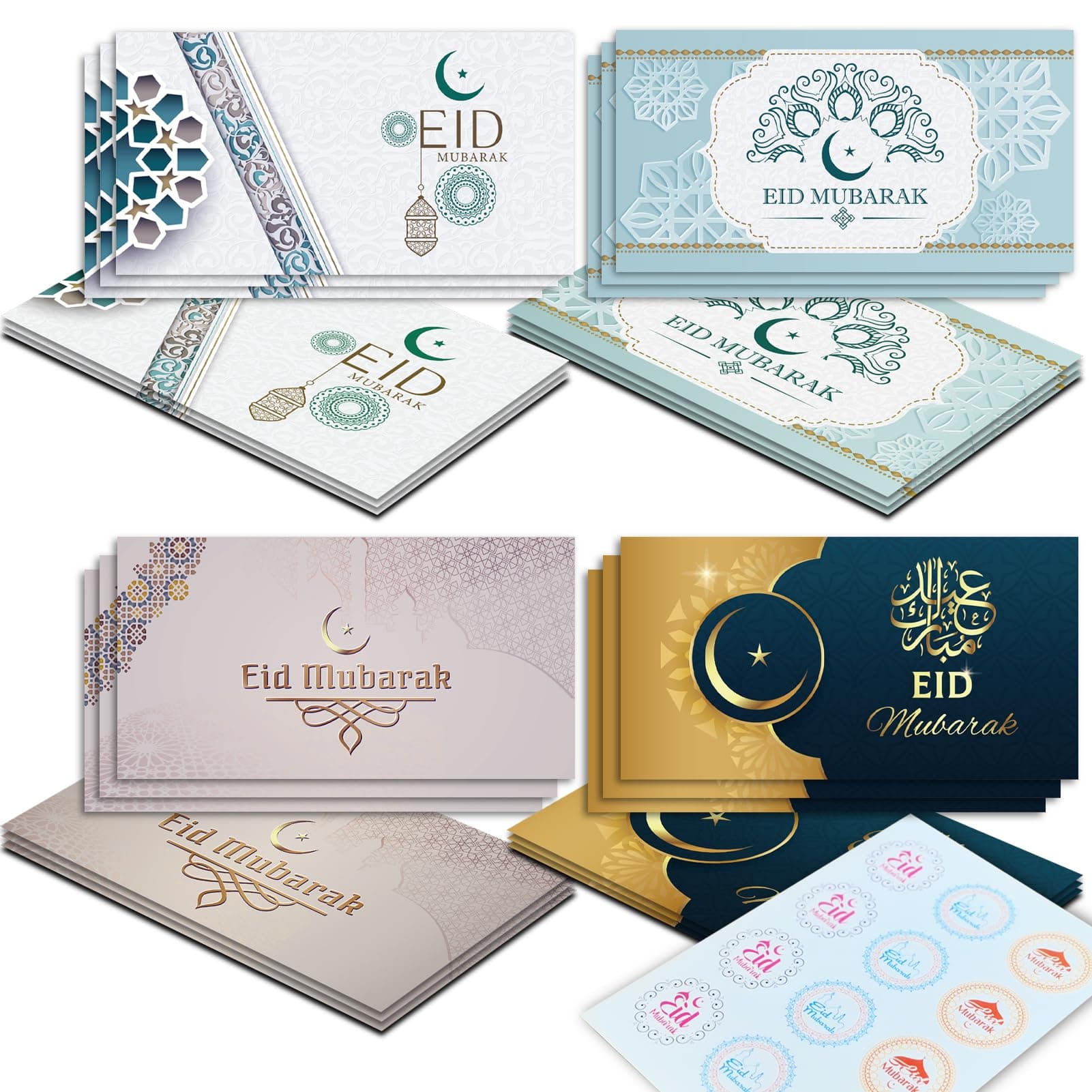 12 Pack Eid Mubarak Money Envelopes and Cards - Gift Wallets for Cash, Multipack for Kids and Children
