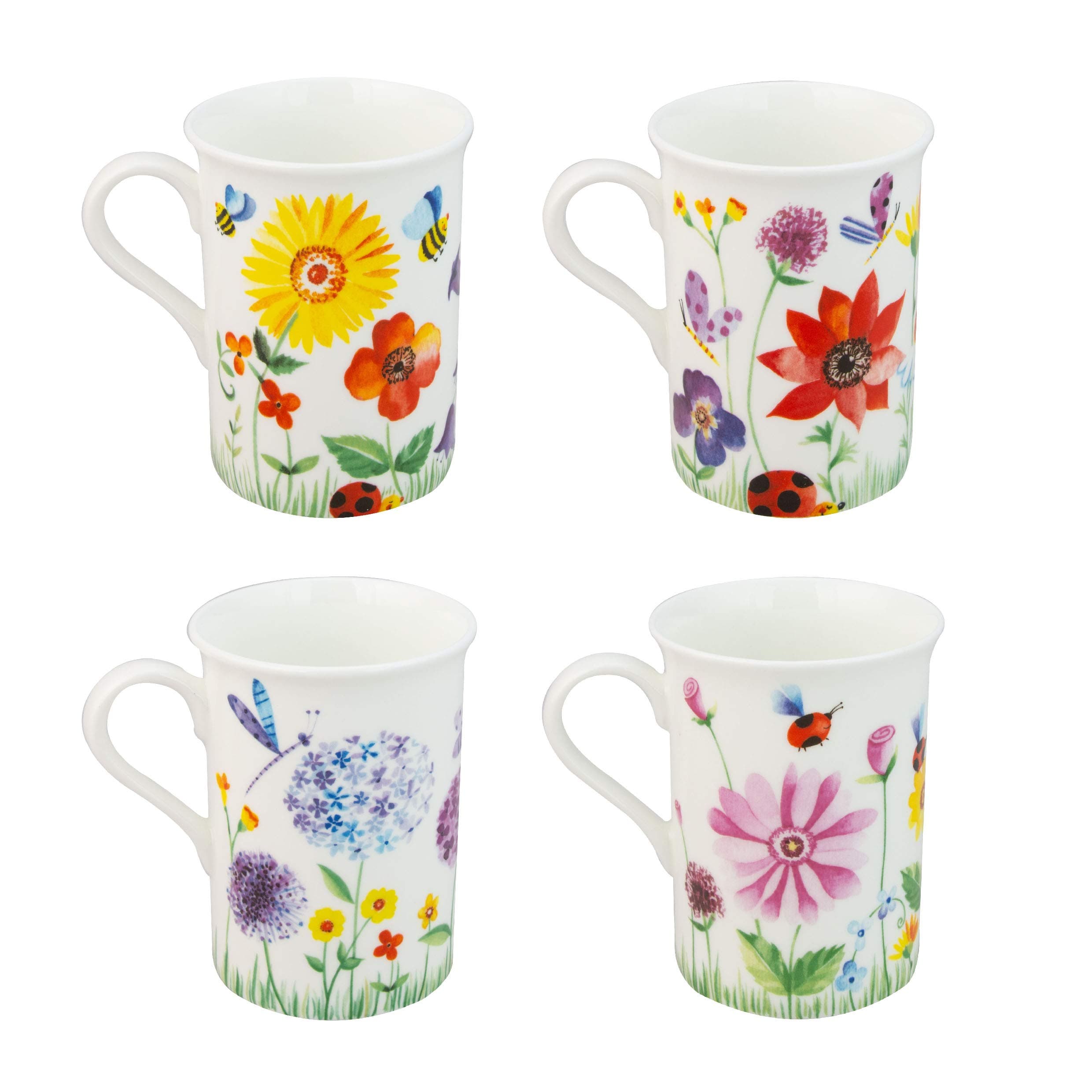 Bone China Coffee Tea Mugs 9-Ounce, Assorted Set of 4 (Garden Friends)