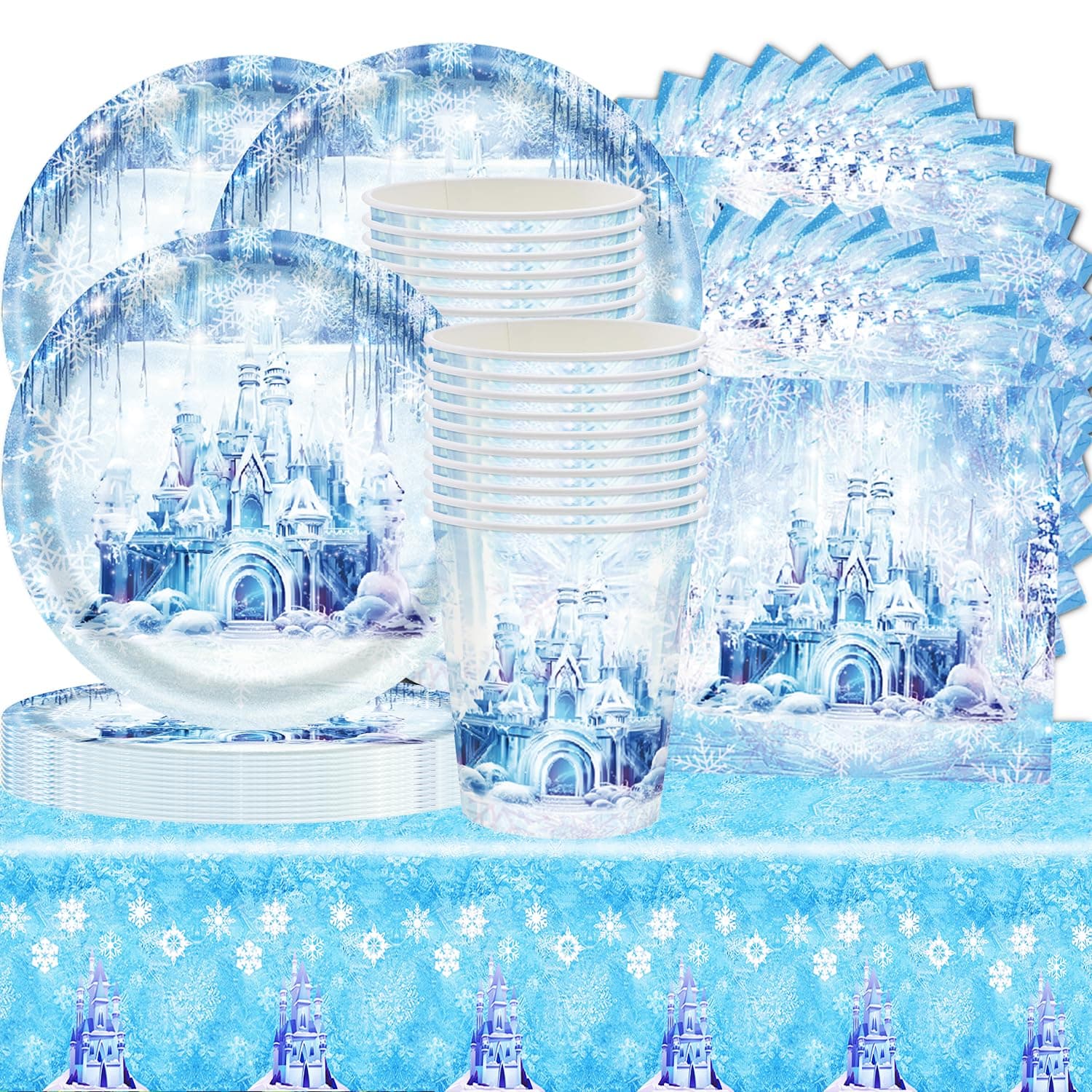 Blue Castle Party Tableware, Pack of 61 Party Table Decorations, Snowflake Party Tableware, Christmas, Children's Birthday Party Decoration, Table Decoration in Winter Wonderland