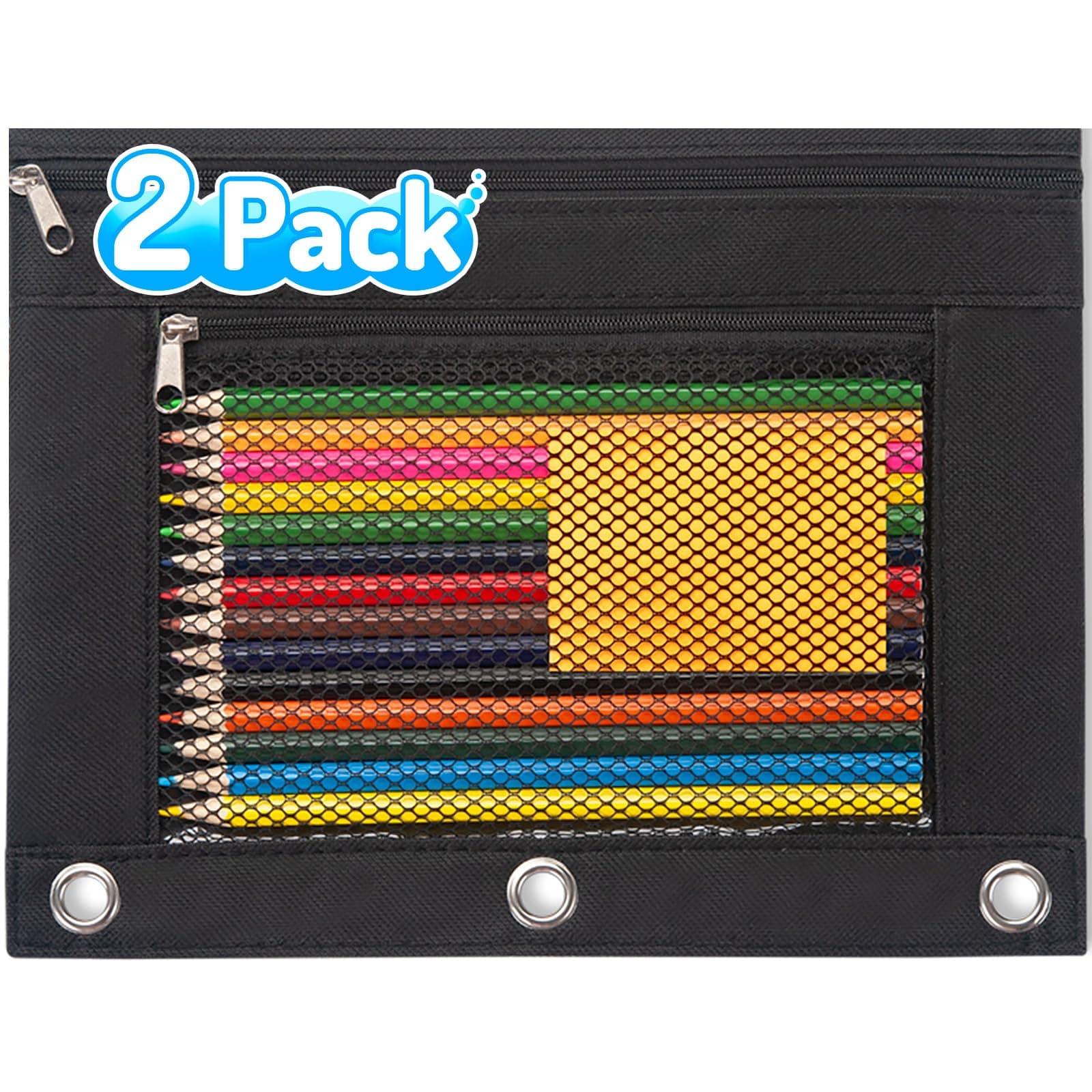 Sooez Pencil Pouch for 3 Ring Binder, 2 Pack Fabric Binder Pouch with 2 Pockets, Pencil Bags with Zipper and Reinforced Grommets, Pencil Cases for Binder