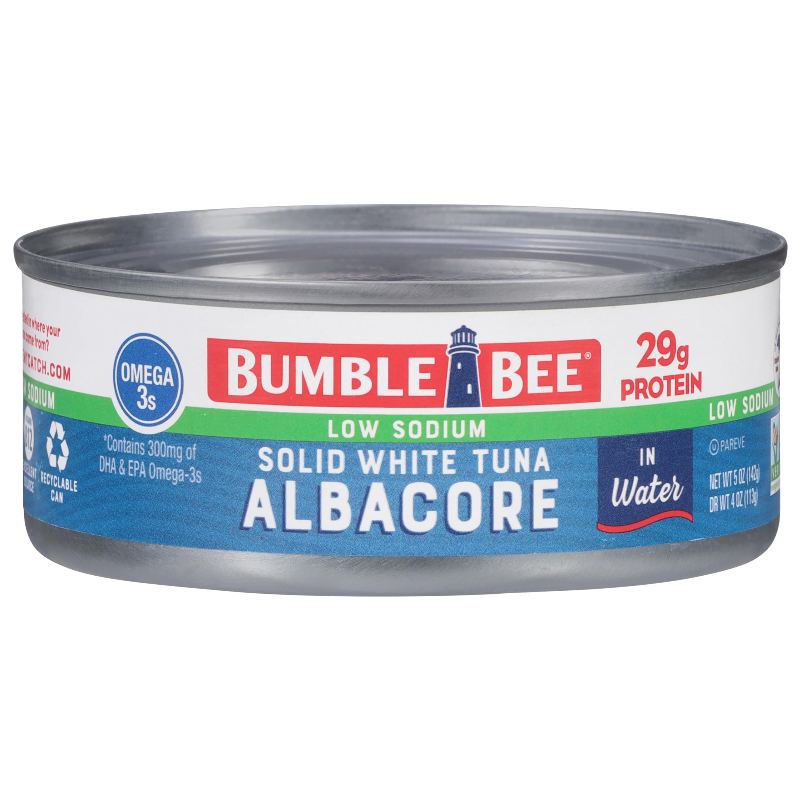 Bumble Bee Low Sodium Solid White Albacore Tuna in Water, 5 oz Can - Wild Caught Tuna - 29g Protein per Serving, High in Omega-3s - Non-GMO Project Verified, Gluten Free, Kosher