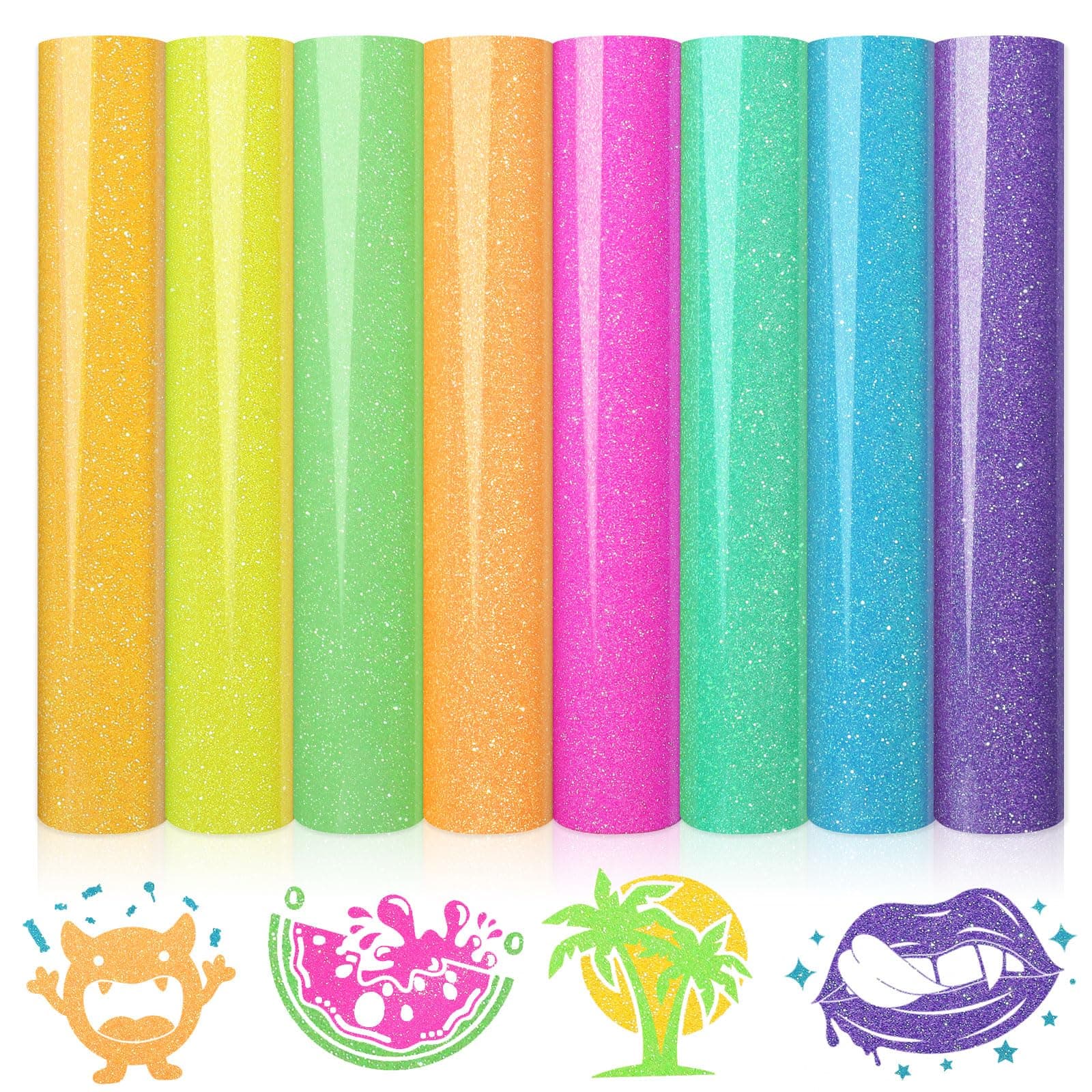 WRAPXPERT Neon Glitter HTV Heat Transfer Vinyl Bundle, 8 Packs Glitter Iron on Vinyl for Shirts, Sparkle 12''x10'' HTV Vinyl with Hot Pink/Neon Green/Yellow/Teal/Purple for DIY Clothes, Fabrics