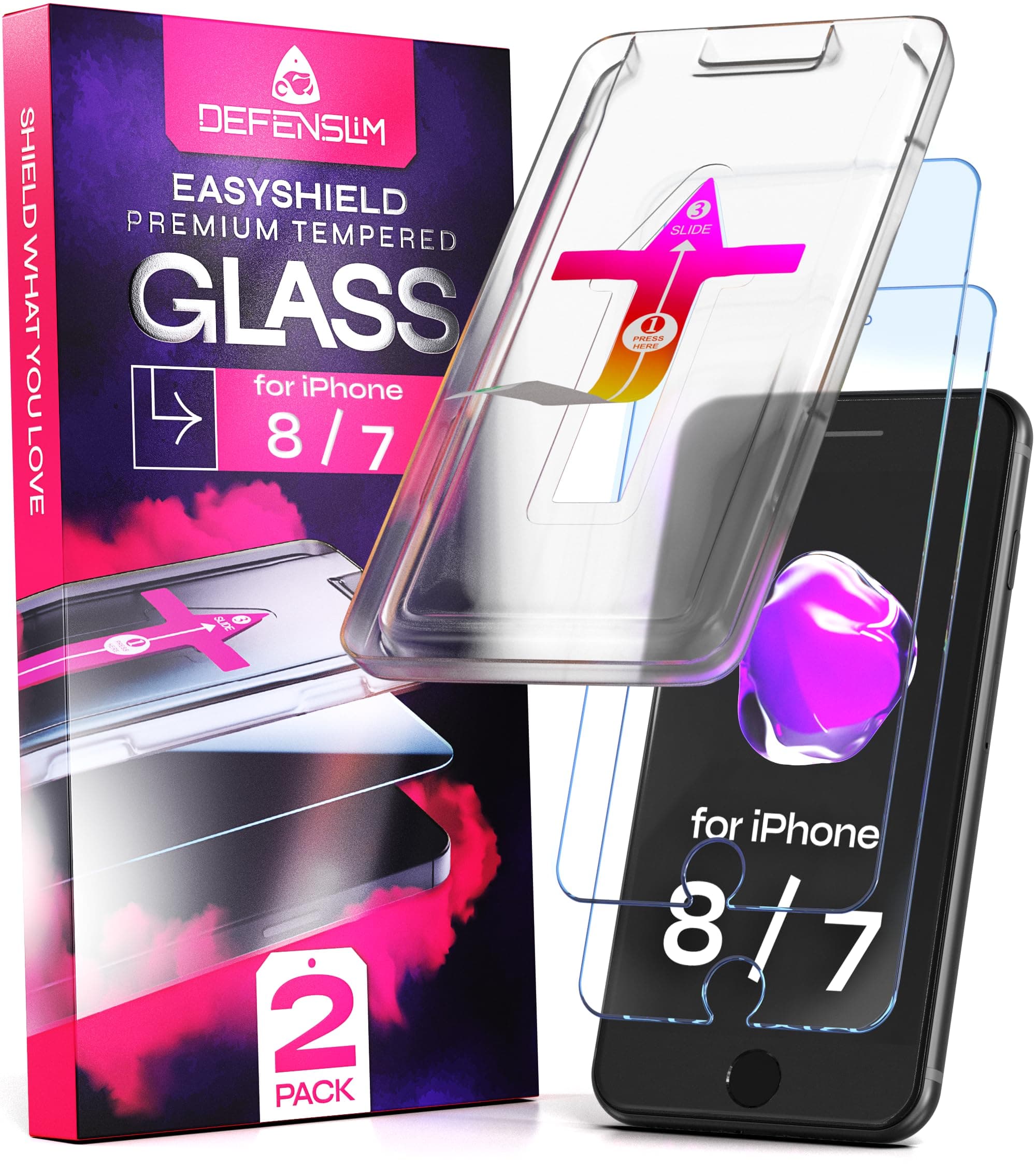 Defenslim Screen Protector for iPhone 8/7 (2Pack), Easy Auto-Align Install Kit, 4.7" Tempered Glass, 9H Hardness, Ultra HD Clear, Case Friendly, EasyShield