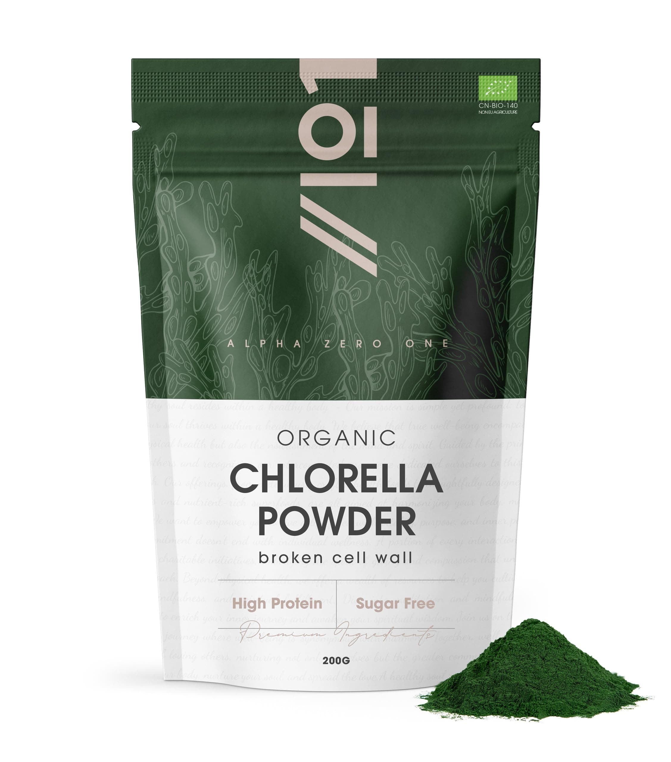 Organic Chlorella Powder 200g - Broken Cell Wall - Cold Pressed – Resealable and Recyclable Pouch by Alpha01