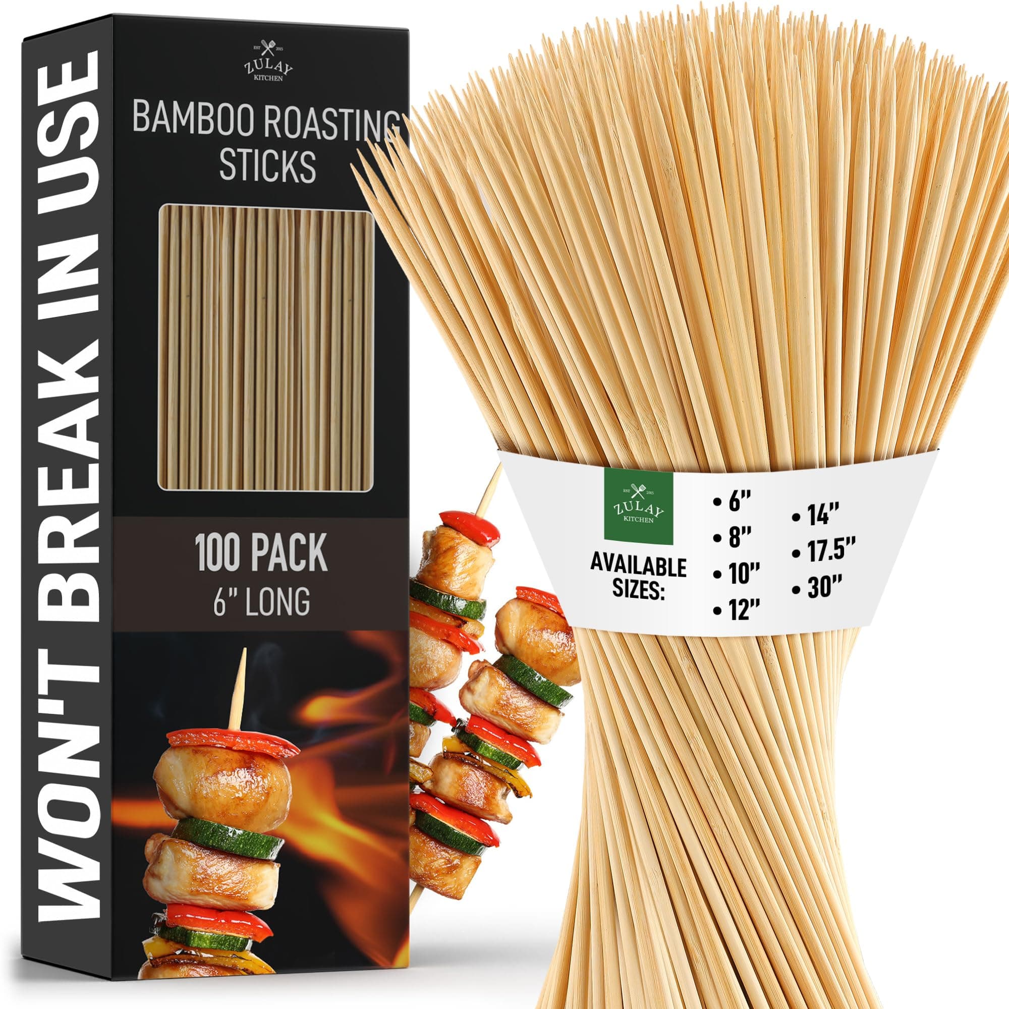 Zulay Kitchen 100-Pack Natural Bamboo Skewers – 6" Durable 4mm Roasting Sticks for BBQ, Grilling, Kabobs, Chocolate Fountain, Fruits & Crafts