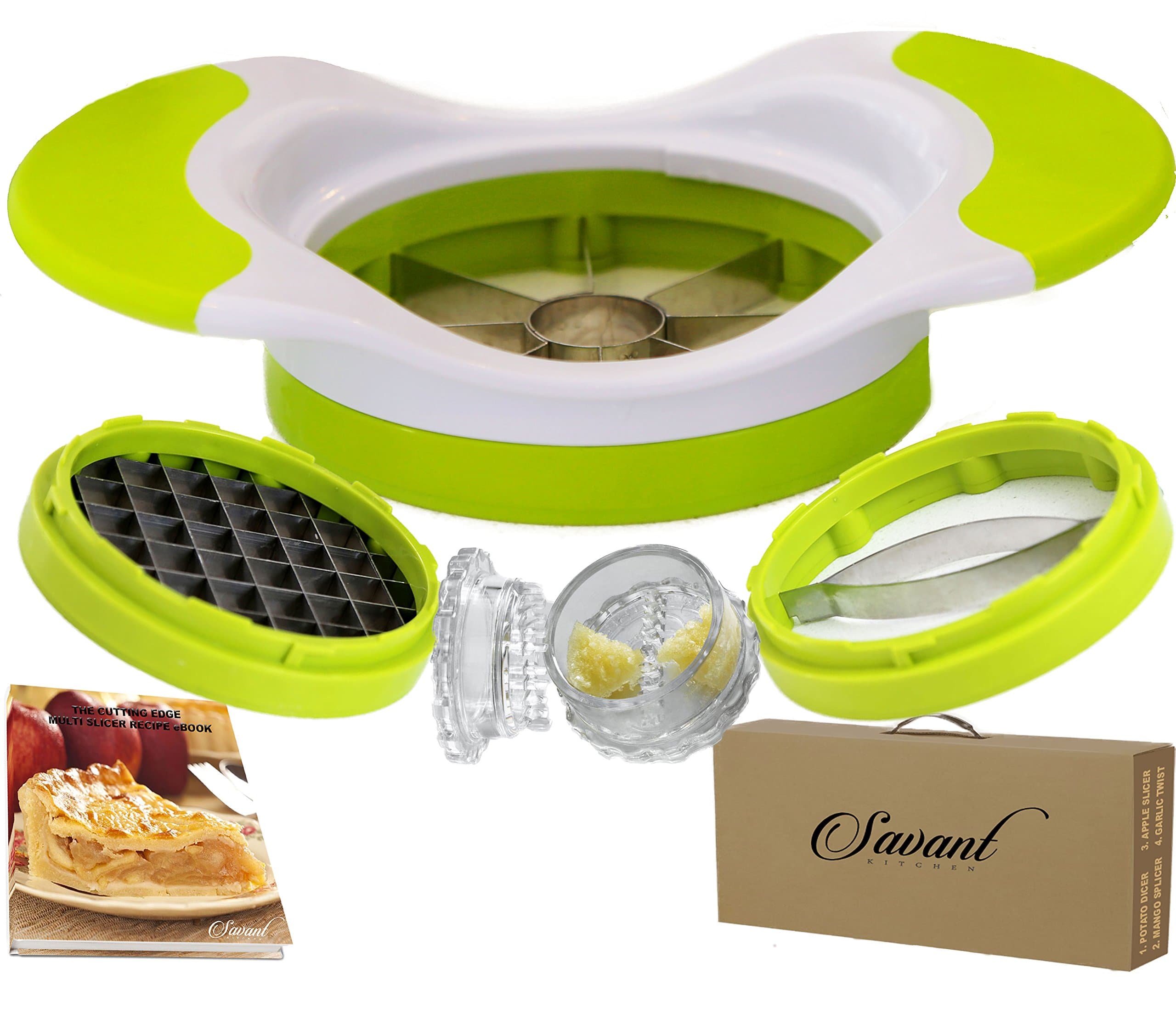 Easy Grip Thin Apple/Mango Slicer/Cutter and Potato Slicer for french fries Complete Bundle With Garlic Crusher much easier than a Press