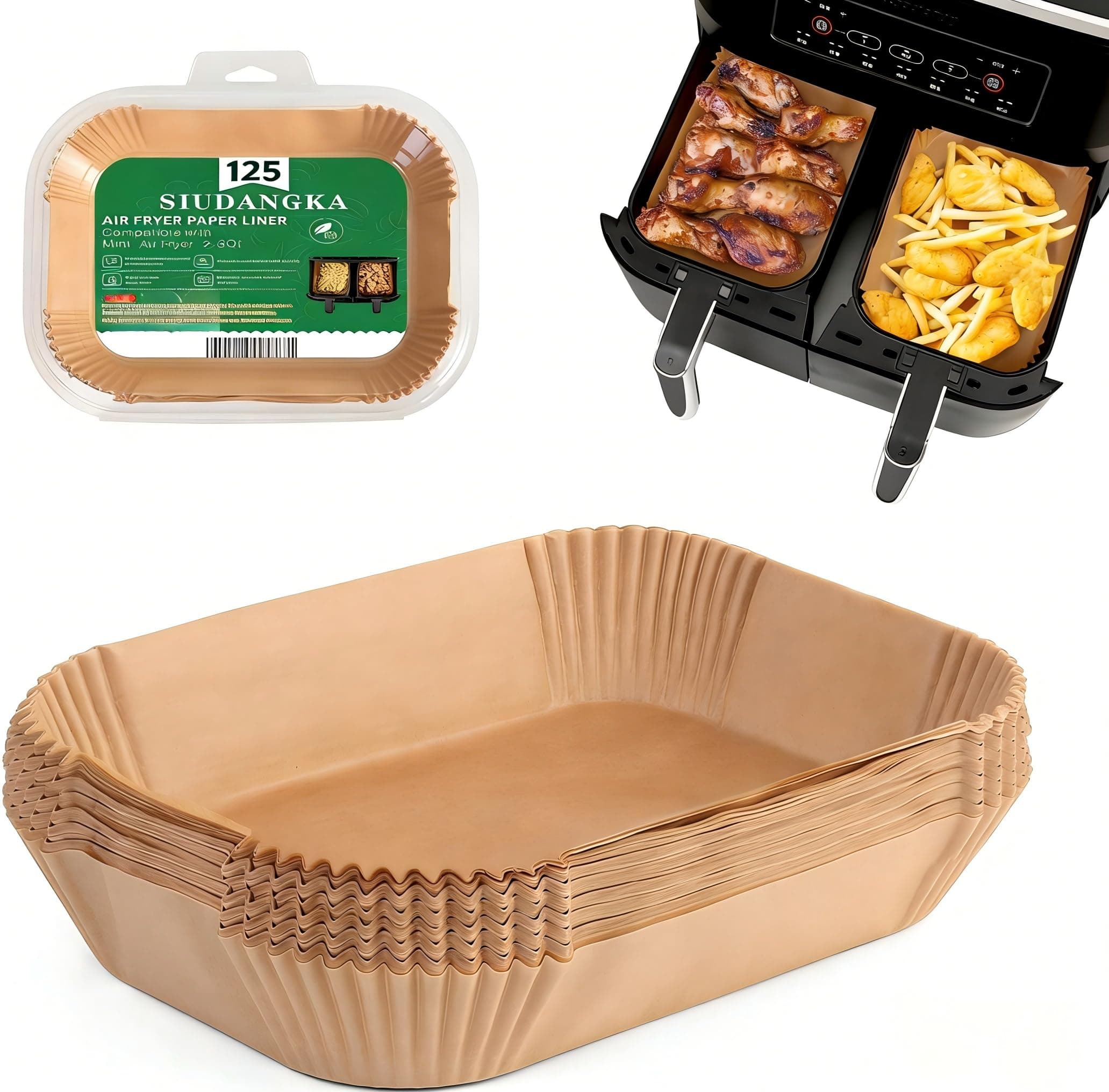 SIUDANGKA Air Fryer Liners Disposable, 125 pcs Rectangle Parchment Paper Sheets for Ninja Dual Air Fryer