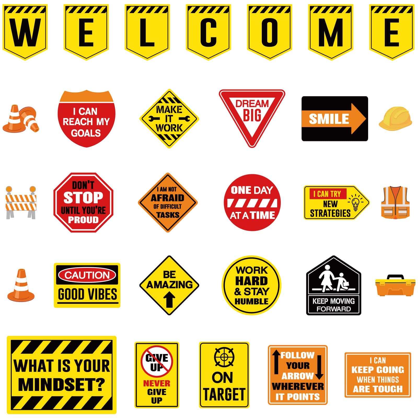 Zonon 36 Pcs Construction Welcome Bulletin Board Classroom Decor Under Construction Positive Poster Banner Motivational Sign Cutouts for Pre School Elementary School Teacher Educational Wall Decor