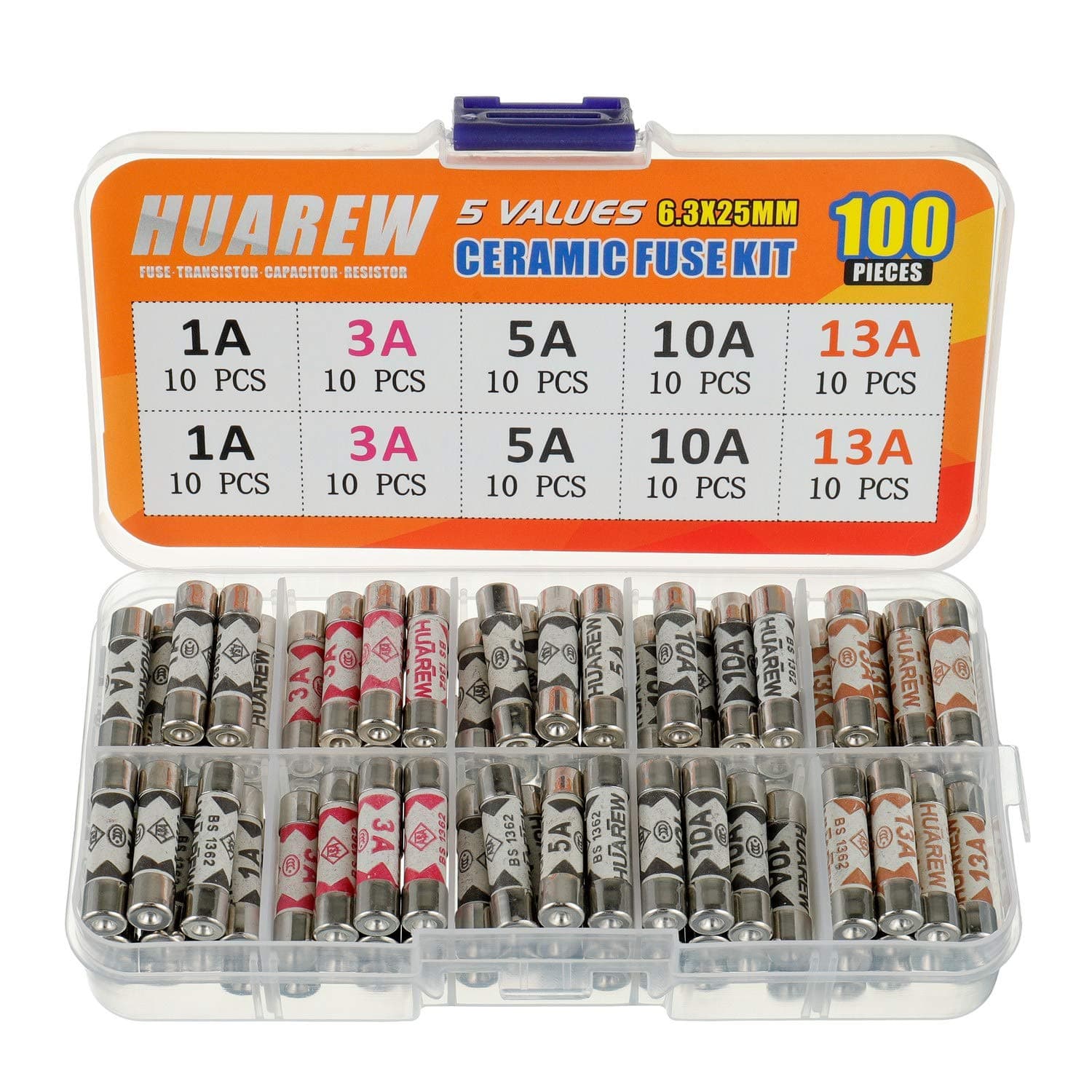 5 Values 100 Pcs 6.3x25 mm BS1362 1 3 5 10 13 A amp 240 V volt 0.248x0.984 Inch Ceramic Tube Fuses Assortment Kit