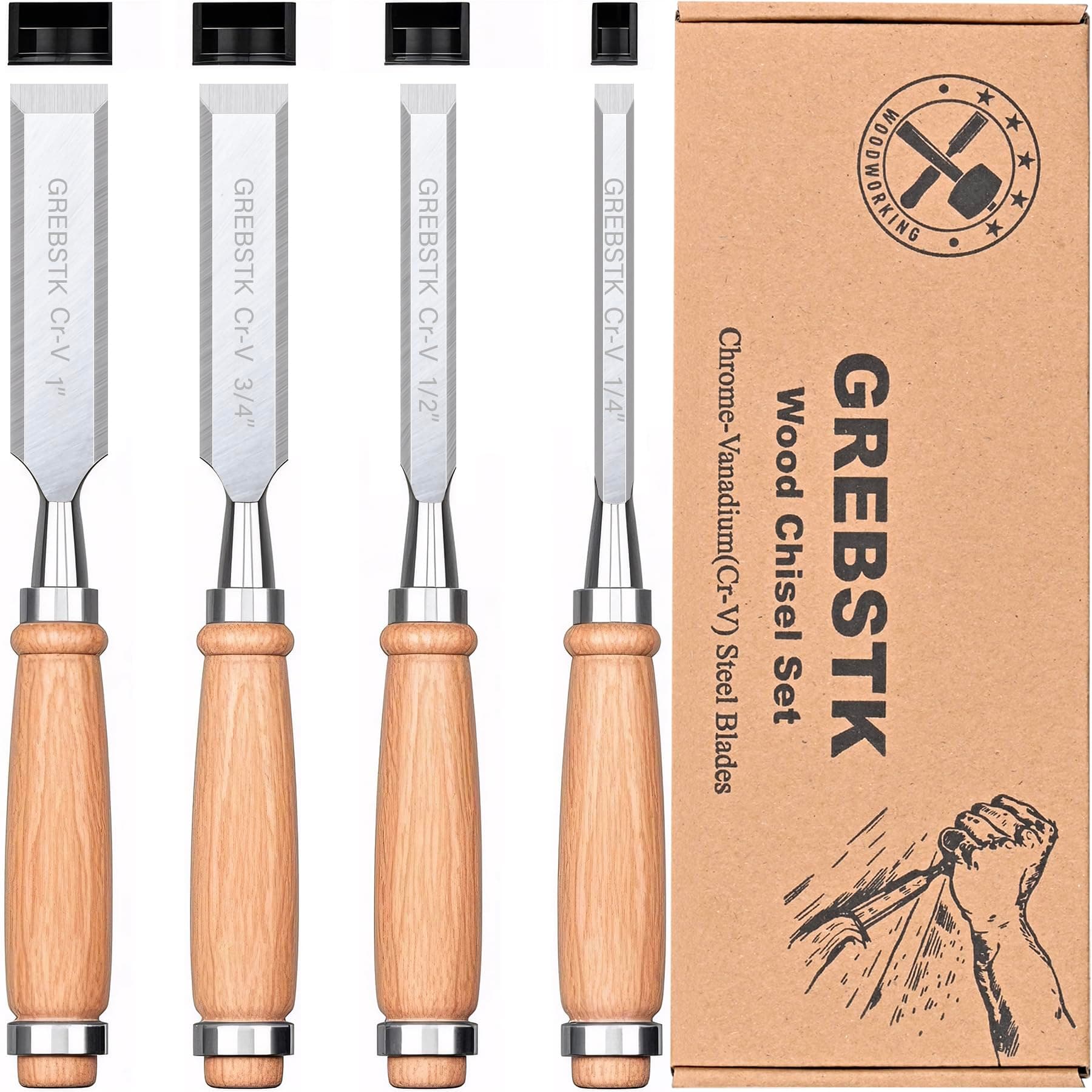 GREBSTK 4PCS Wood Chisel Set, Chrome Vanadium Steel Beveled Blades, 25° Pre-Sharpened Burr-Free Edge, Ergonomic Anti-Slip Handle with Blade Guards for DIY & Woodworking (1/4", 1/2", 3/4", 1")
