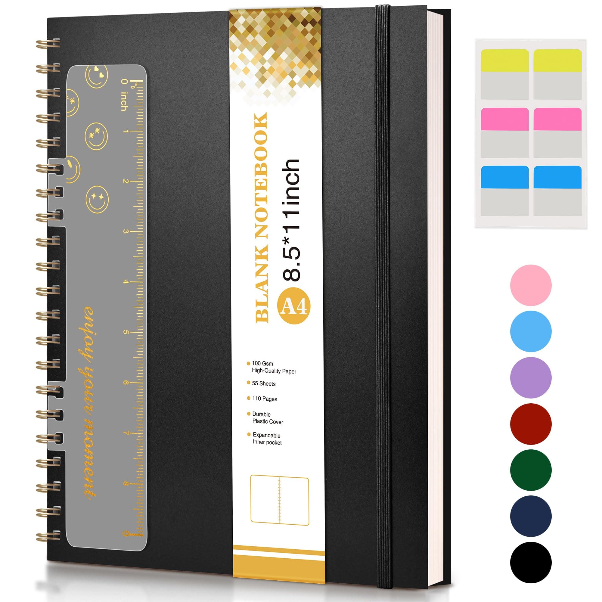 Blank Spiral Notebook Journal 8.5” x 11”, A4 Large Sketch Book for Women Men, 100 GSM Blank Paper Drawing Notebook, Plastic Hardcover Spiral Bound Sketchbook for Sketching Work School Writing, Black