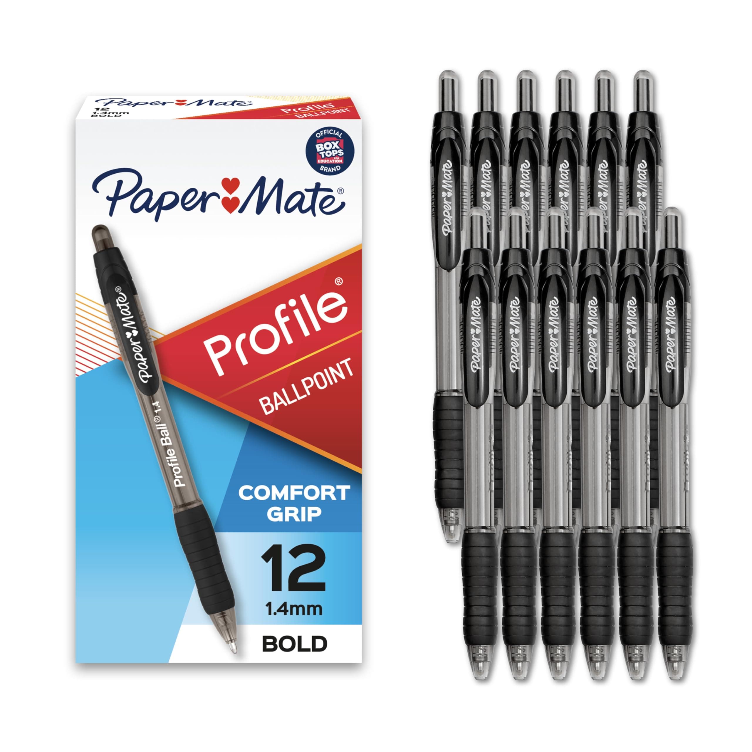 Paper Mate Profile Retractable Ballpoint Pens, Bold Point (1.4mm), Black Ink, 12 Count - Writing, Journaling, Office Supplies