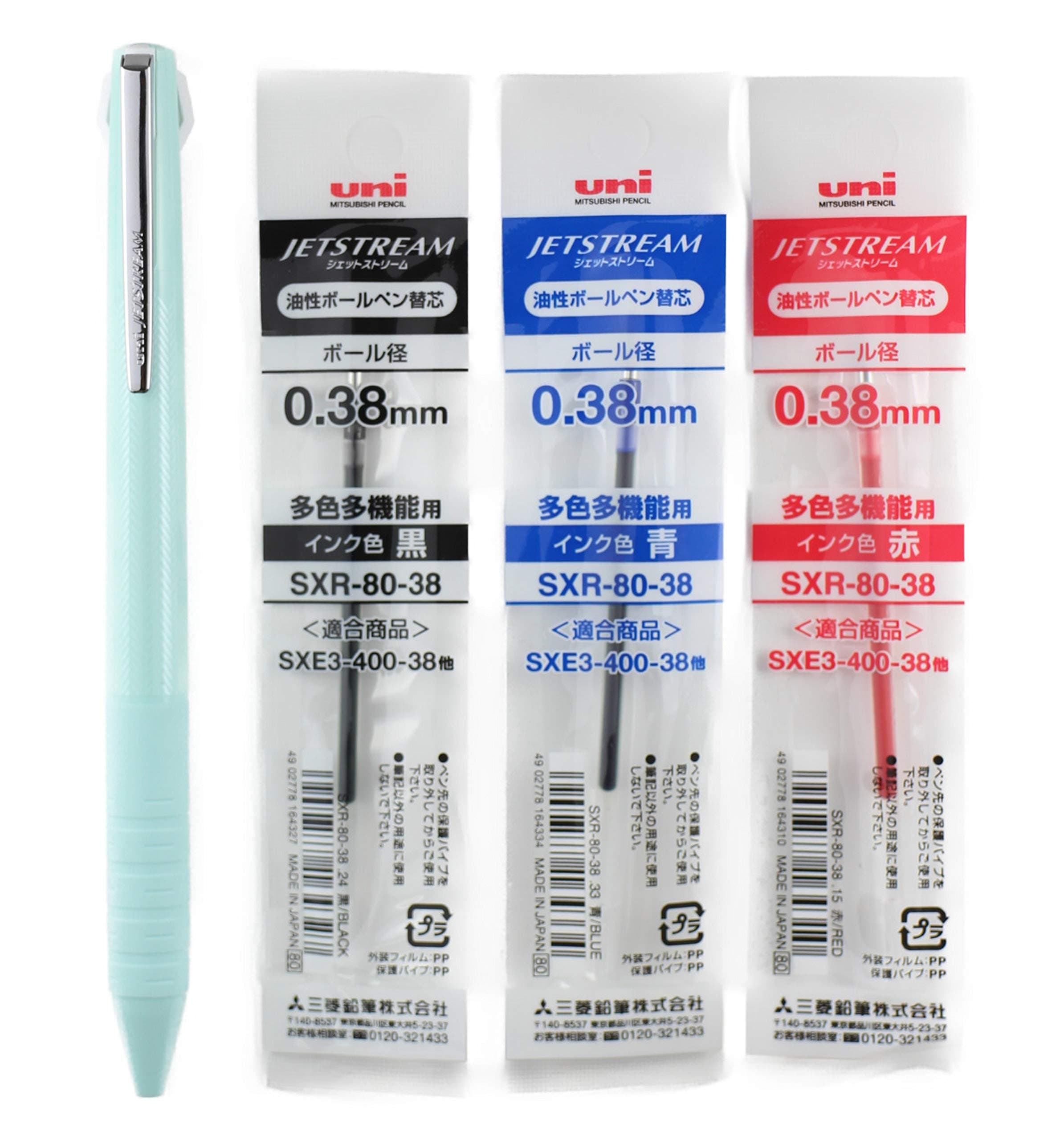 Uni Jetstream -slim & compact 0.38mm, 3 Color Ballpoint Pen 〈Body Color〉Mint Green, with Pen Ink Refill (Black,Blue,Red) MIYABI stationery store Original gift package (SXE3JSS38.31/SXR-80-38)