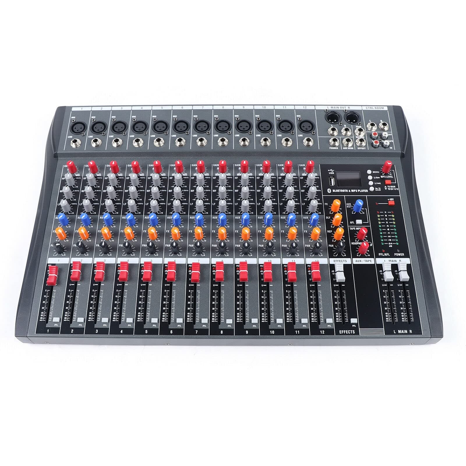 TFCFL Pro 12 Channels Live Audio Mixer Bluetooth USB DJ Sound Mixing Console Amplifier with 3 Stage Equalization Regulate 6 Modes Of Music for Family Ktv,Campus Speech,Meeting Etc