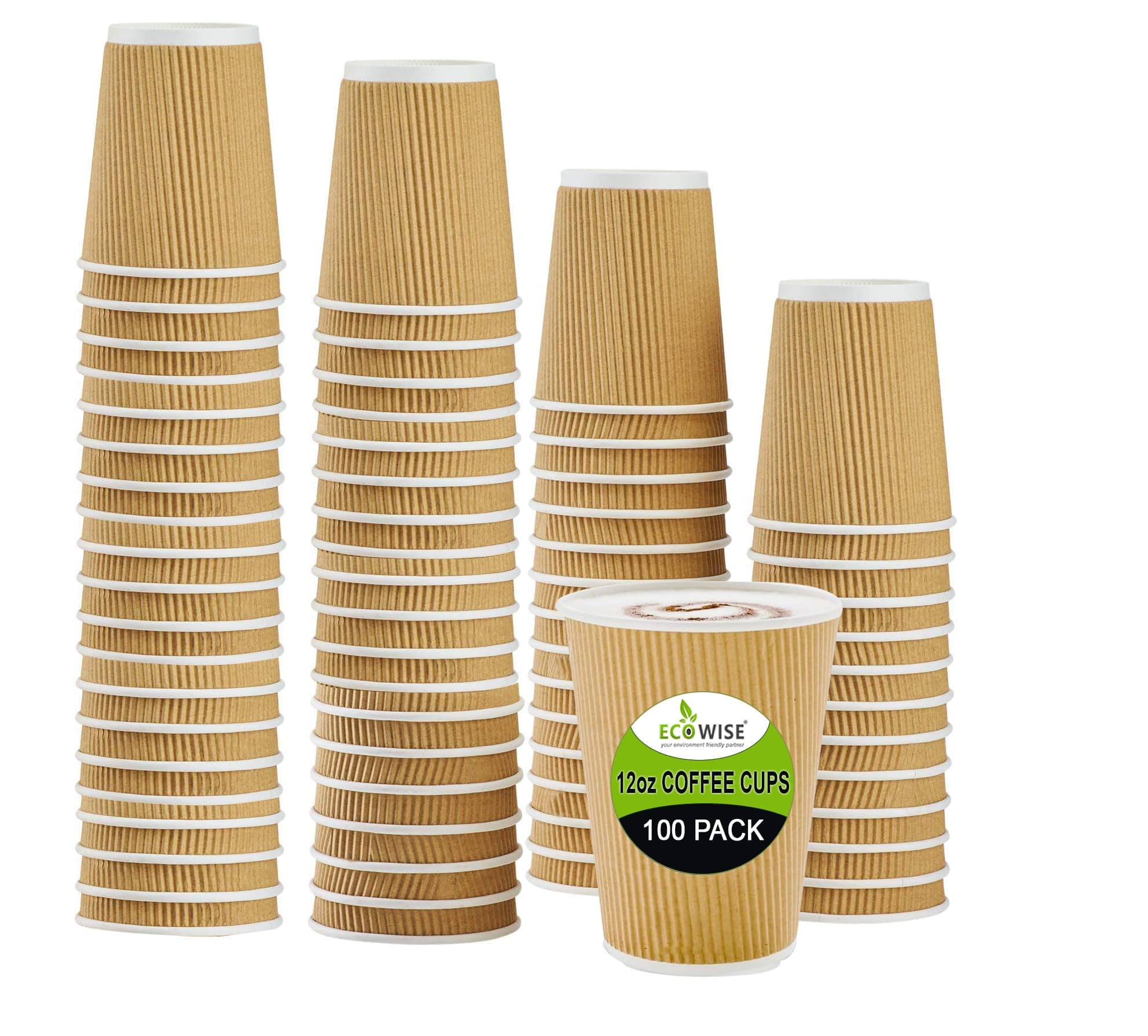 EcoWise | 100 X 12 Oz Ripple Cup | 340 ml | Brown | Kraft - 3 Ply | 100% Natural and Recyclable | Eco-Friendly | Drinking | Hot Coffee, Tea, Cappuccino & Cold Drinks | Disposable - by Best House