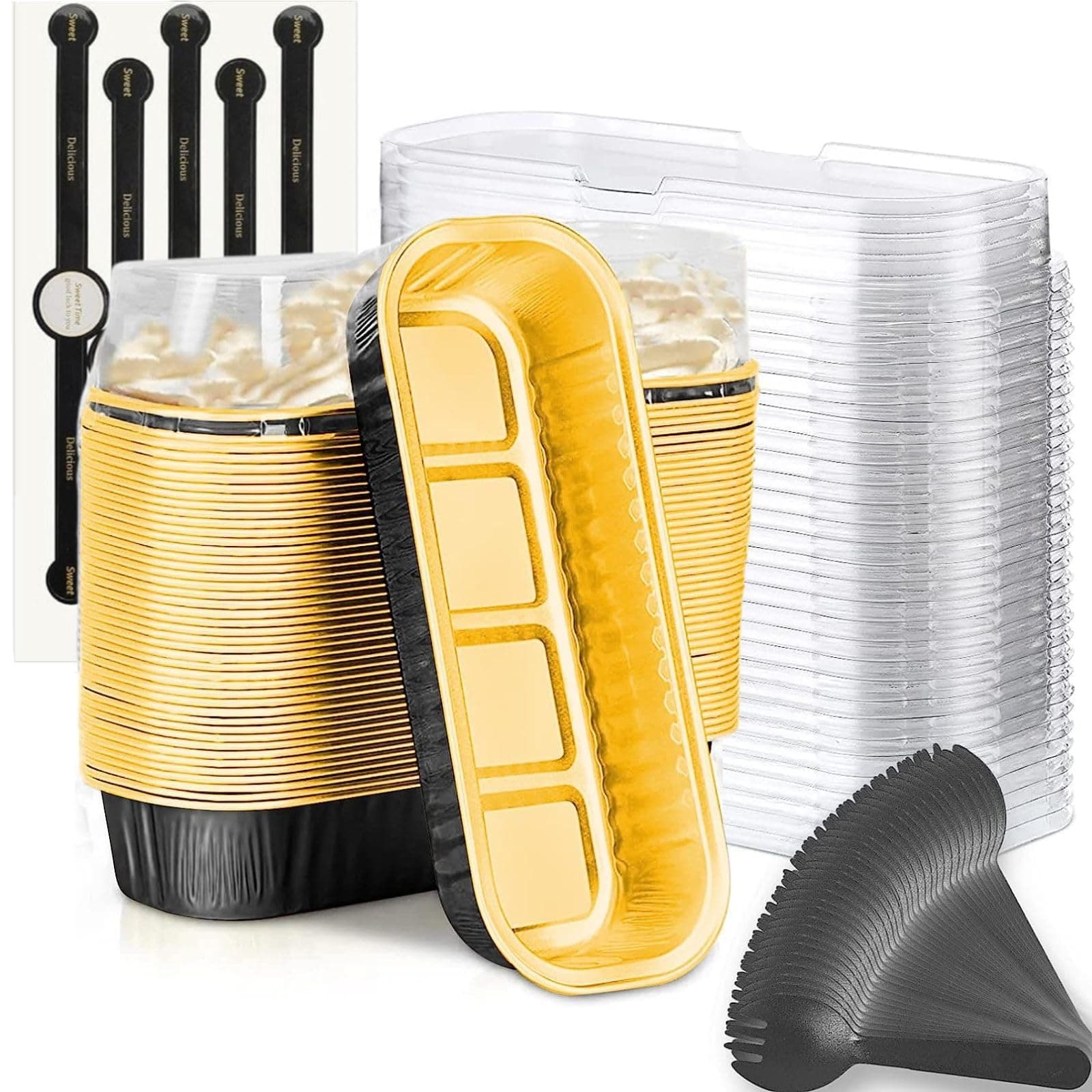 Mini Loaf Baking Pans with Lids and Spoons (50 Pack, 6.8oz) Rectangle Aluminum Foil Baking Pans Tins Containers - Cupcake Containers Wrappers Cheesecake Creme Brulee Ramekins