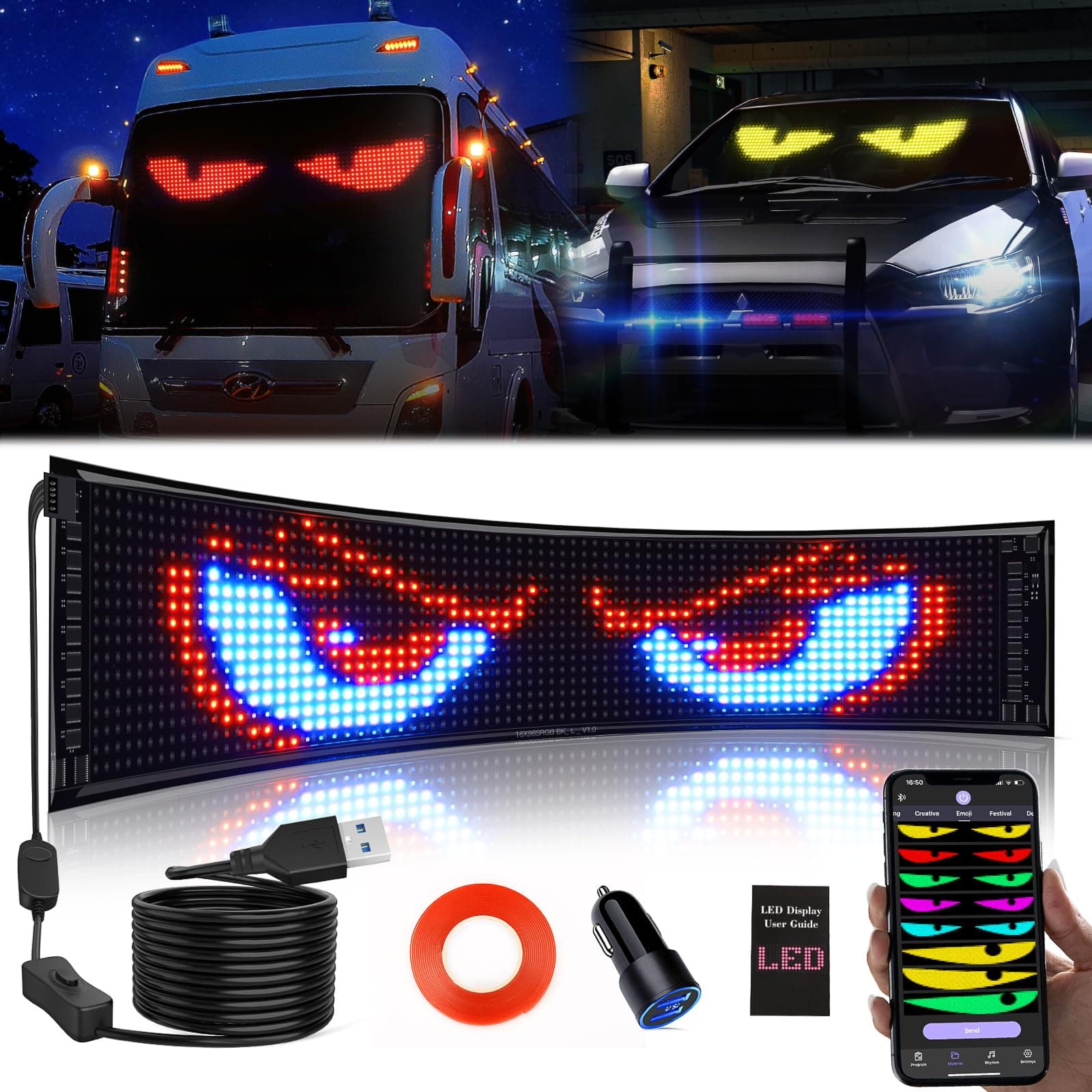 KJOY Huge Bright Devil Eyes LED Light for Car,23''x5'' Flexible Digital Scrolling LED Display,Bluetooth APP Control Custom Text Pattern Animation LED Store Sign for Car Business Hotel School(1pcs)