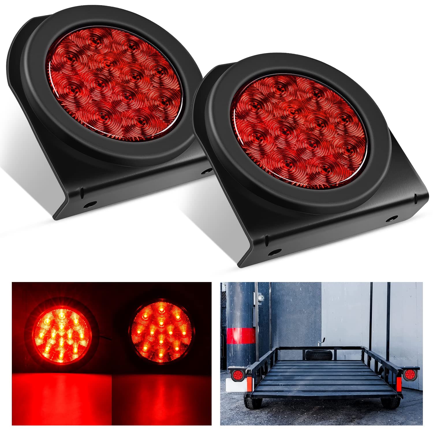 Nilight 4Inch Round Trailer Tail Light with flush Mount Grommets Plugs w/Mounting Brackets 2PCS Red Waterproof Stop Brake Turn Lights for RV Truck