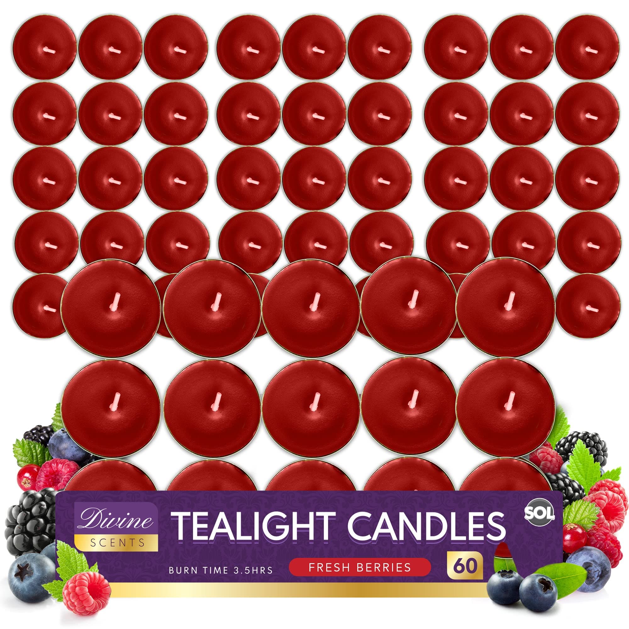 60pk Fresh Berries Scented Tea Light Candles Long Burning – 3.5 Hour Burn Time, Ideal for Home, Relaxation, Spa, Massage, Romantic Dinners, Weddings & Anniversaries, Festive Decor & Cosy Evenings