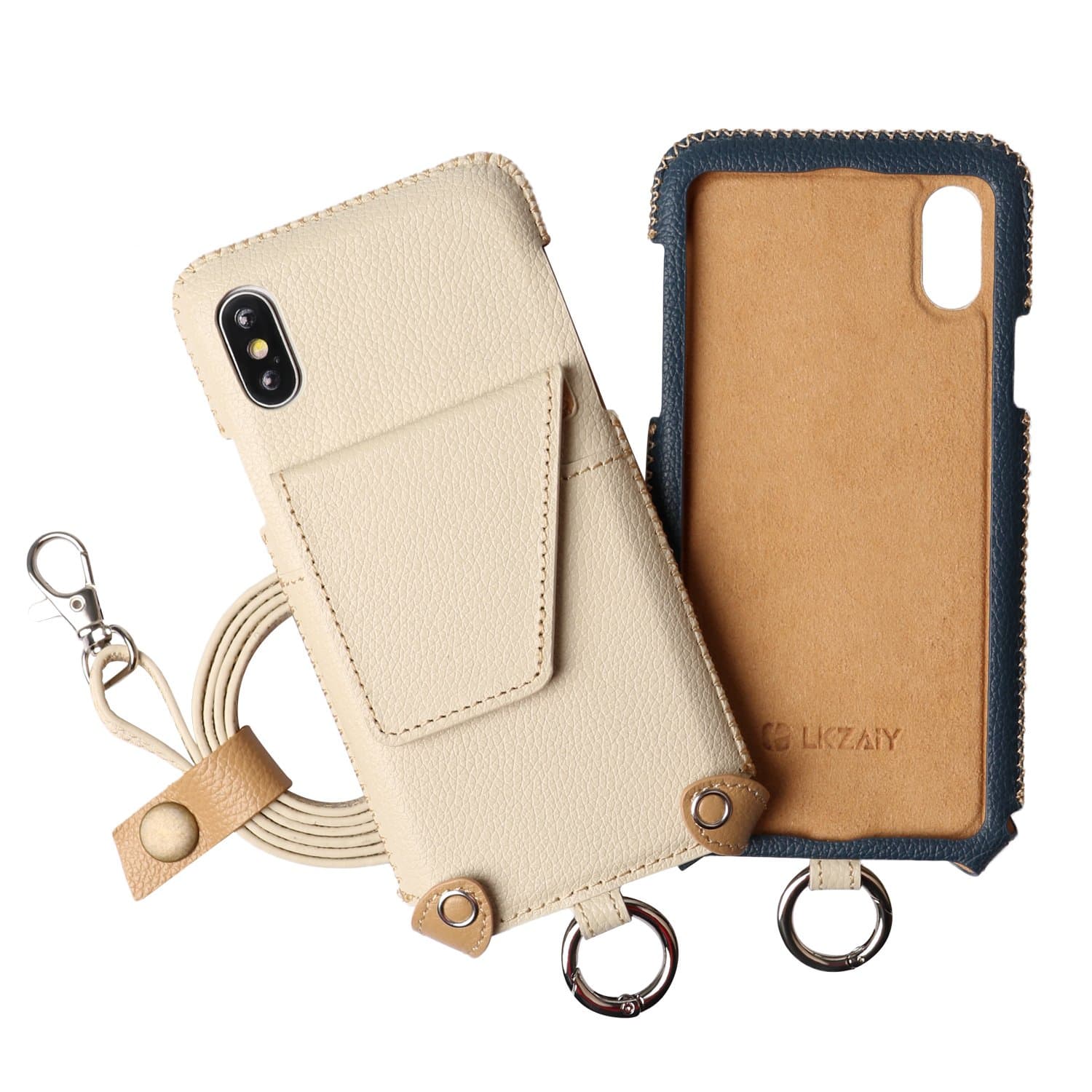 iPhone X Leather Case Necklace Lanyard Case with IC Card Holder Slot and Kickstand Phone Protective Case Cover Detachable Strap Wallet Case for Anti-Lost and Outdoors (Navy Blue)