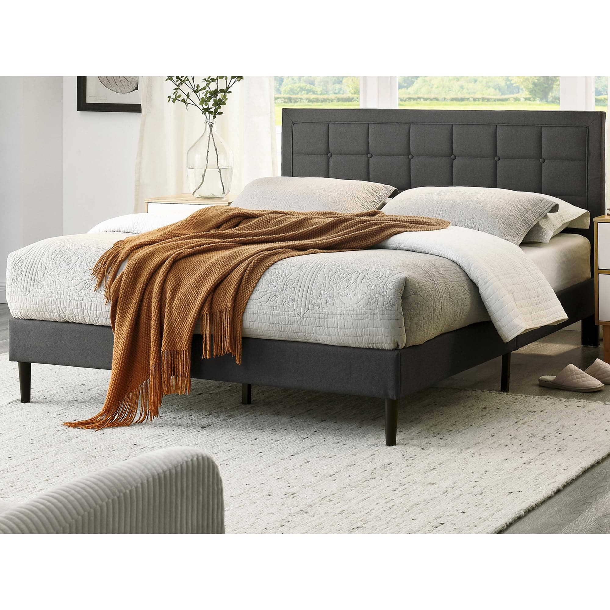 Decoro Mornington Upholstered 2.0 Platform Bed, Button-Tufted Fabric Headboard and Metal Frame with Wood Slat Support, Dark Grey, Queen