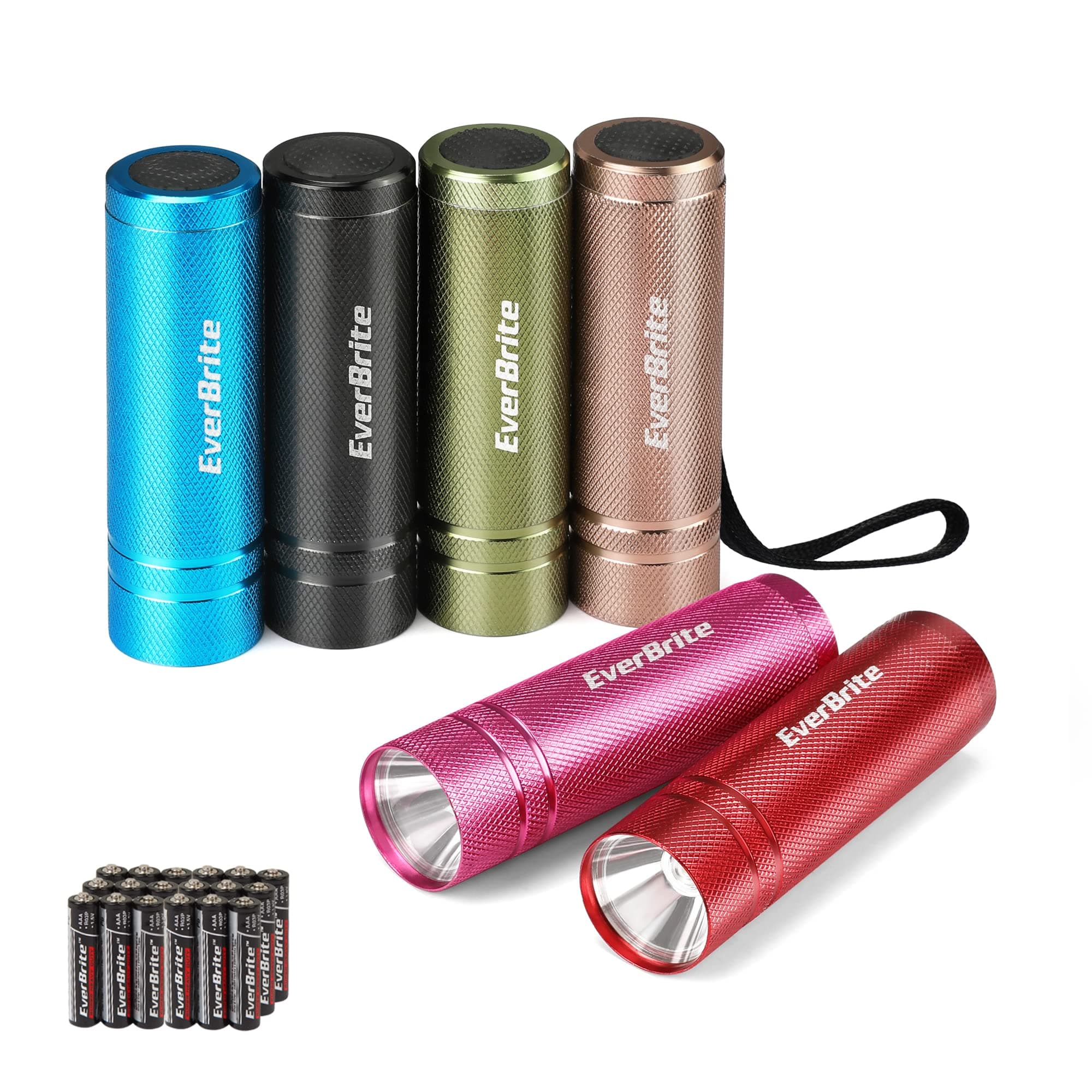 EverBrite 6-Pack Mini Flashlight Set, Aluminum LED Handheld Torches with Lanyard, Assorted Colors, Batteries Included for Party Favors, Night Reading, Camping, Power Outage, Gift to Christmas