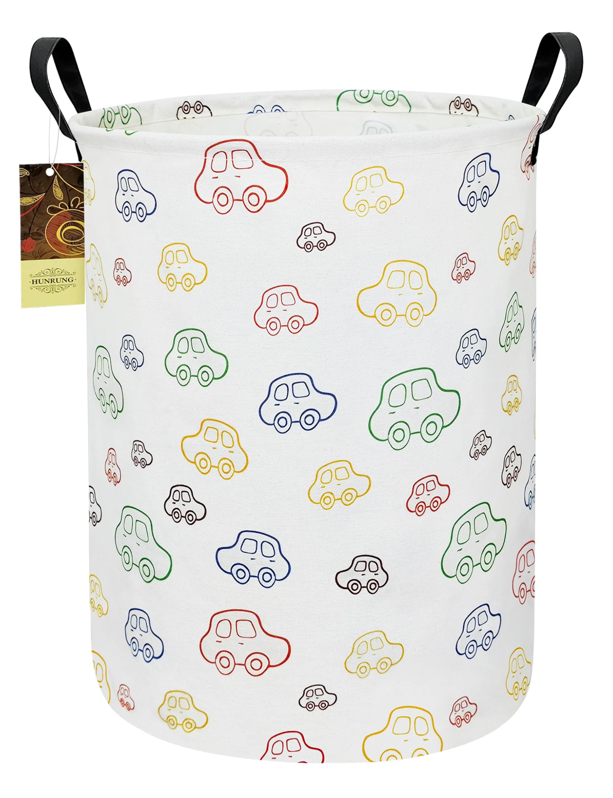 HUNRUNG Laundry Hamper,Large Canvas Fabric Lightweight Storage Basket Toy Organizer Dirty Clothes Collapsible Waterproof for College Dorms(Round-Car)