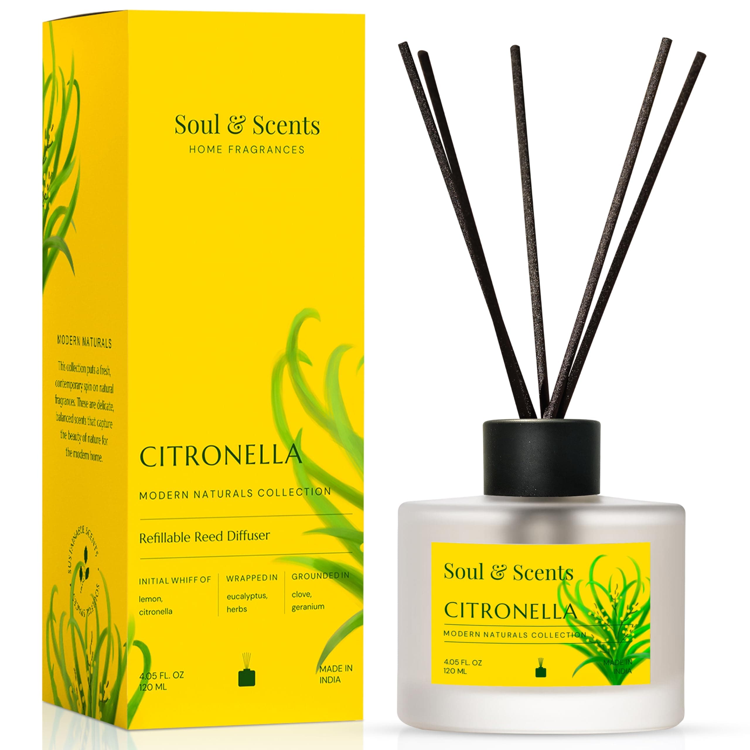 – Citronella Reed Diffuser Set - 120ml with 6 Fiber Sticks | Stress Relief & Aromatherapy | Long-Lasting Scented Air Freshener for Home, Bedroom, Bathroom & Office | Ideal for Gifting