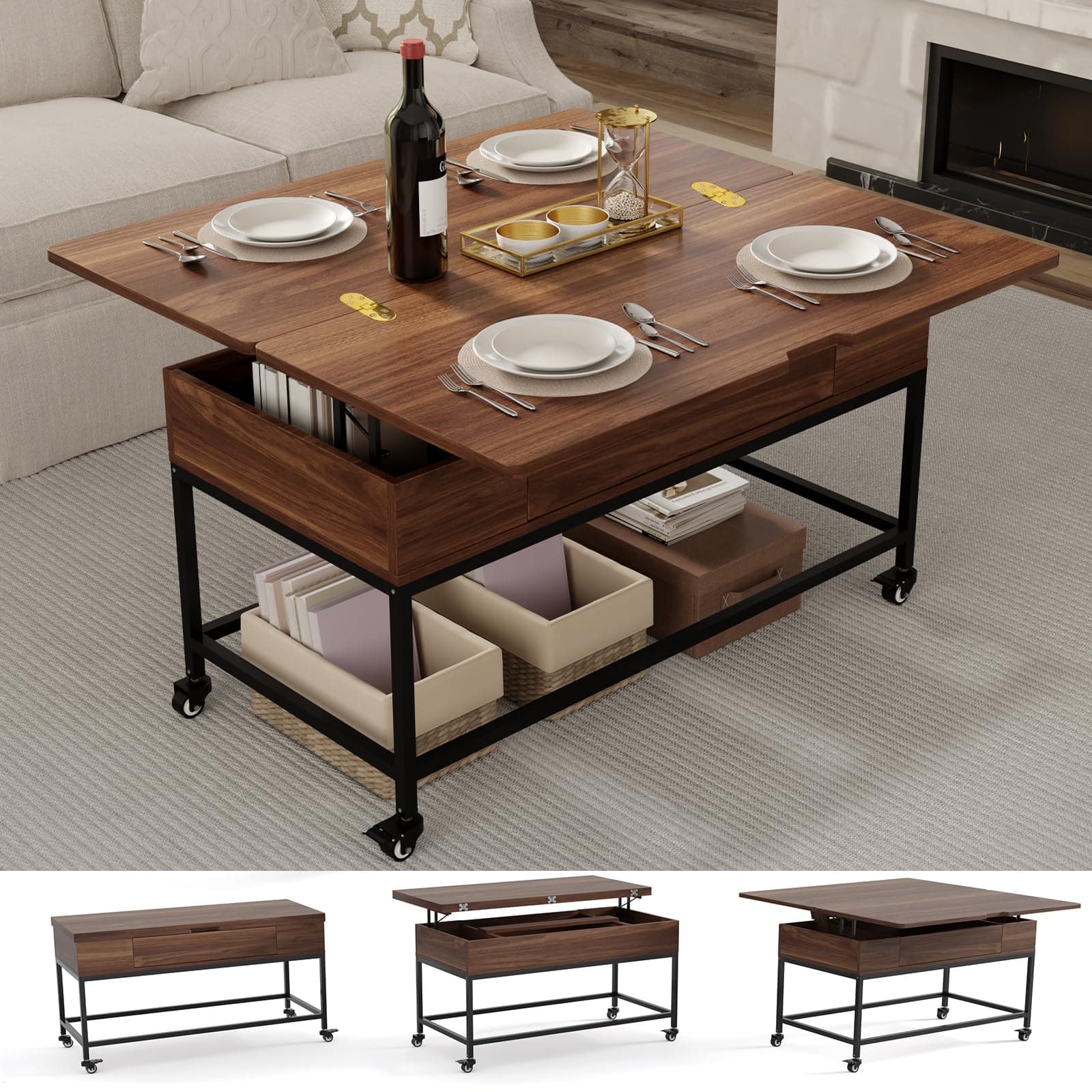 HAIOOU Lift Top Coffee Table, 3in1 Folding Rolling Coffee Tables with Storage Drawer Push Opening, Metal Frame Wood Center Table for Living Room Tabletop Dining Table Reception Home,Apartment/Office