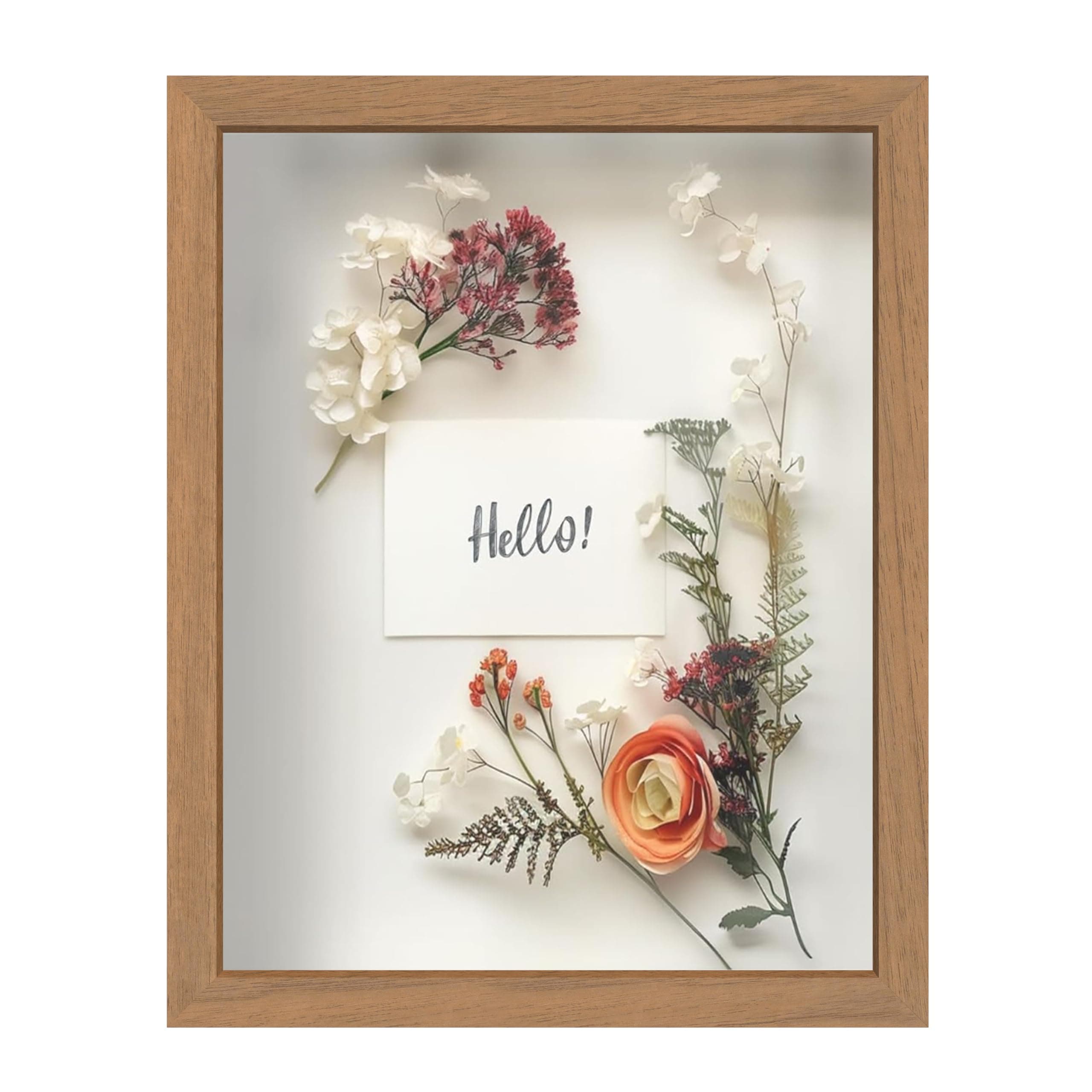 FrameWorks 11” x 14” Golden Oak Wooden Shadow Box Frame – Display Case with Soft Felt Back, Memory Box with Tempered Glass, Display Box with Elegant White Ball Push Pins, Wooden Flower Box