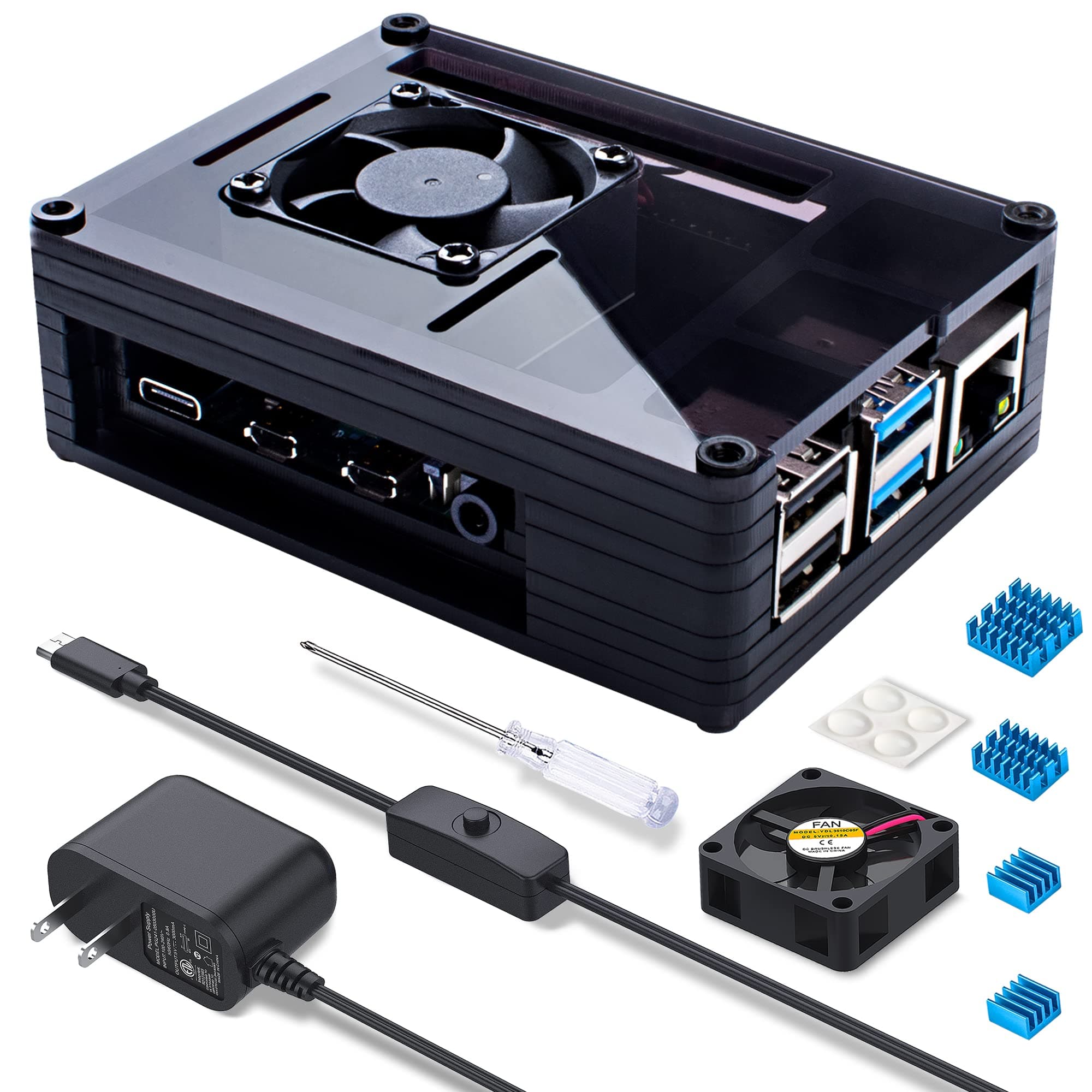 Miuzei Pi 4 B+ Case with Fan Cooling Pi 4B Case with 5V 3A USB-C Power Supply 4Pcs Heat-Sinks