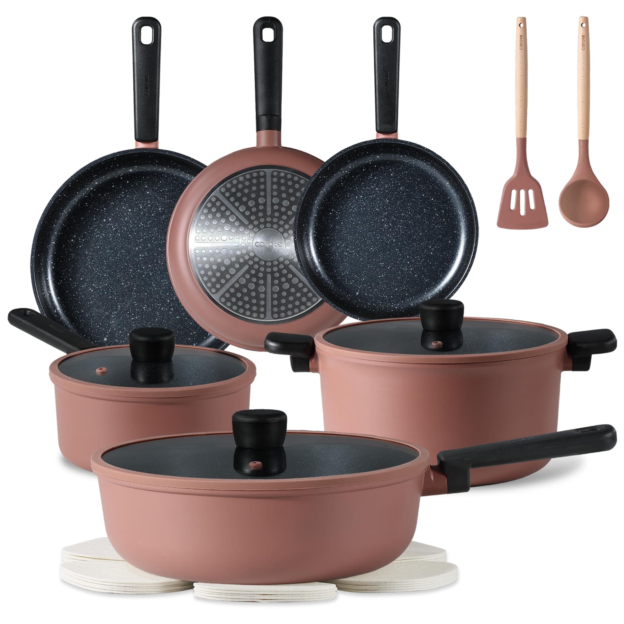 CAROTE Non Stick Pots and Pans Set, Cookware Sets Nonstick 16 Piece, Kitchen Cooking Set with Stay-Cool Handles,with Silicone Tools and Pot Protectors
