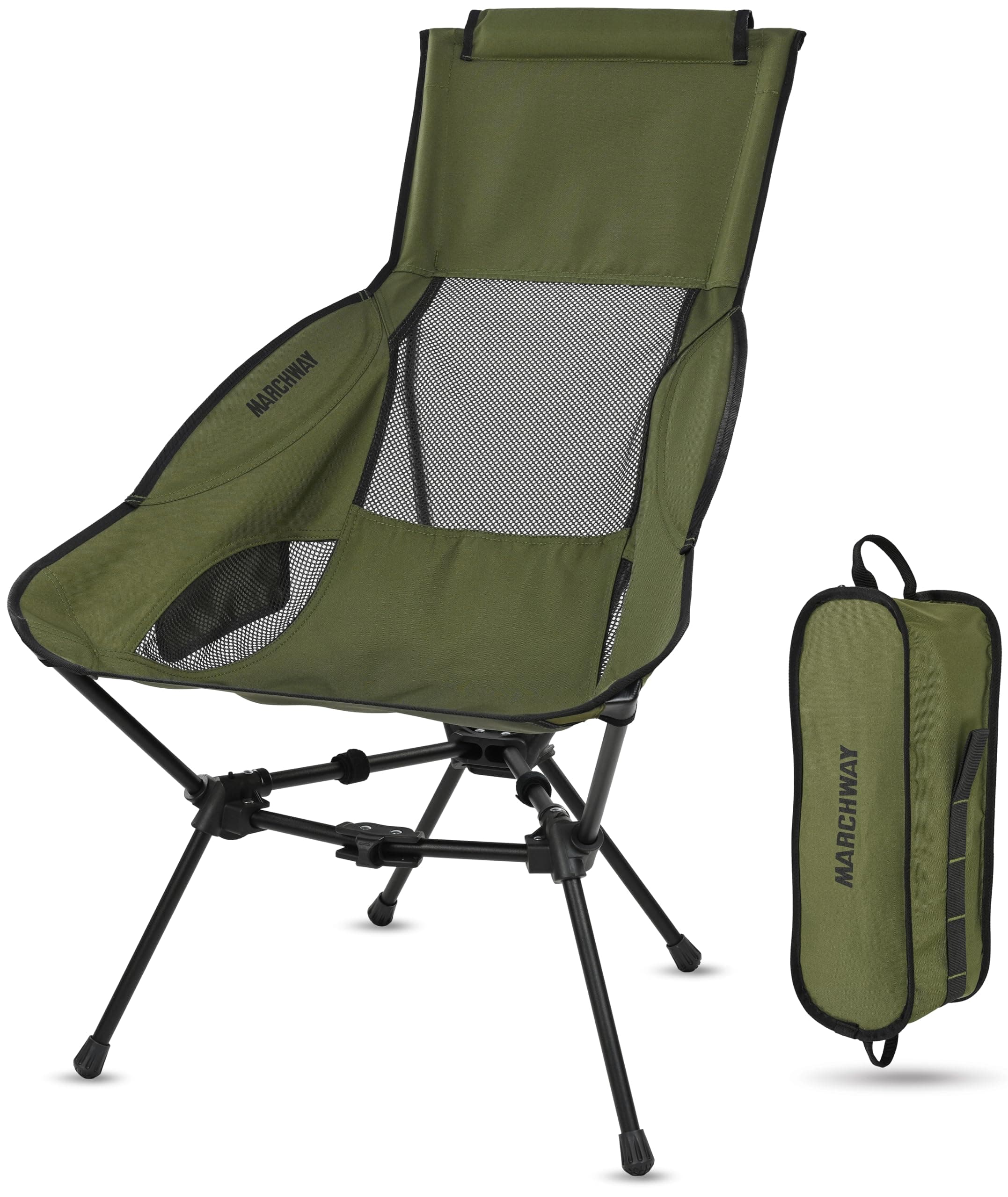 MARCHWAY Lightweight Folding High Back Camping Chair with Head Support, Stable Portable Compact for Outdoor Camp, Travel, Beach, Picnic, Festival, Hiking, Backpacking (Highback Green)