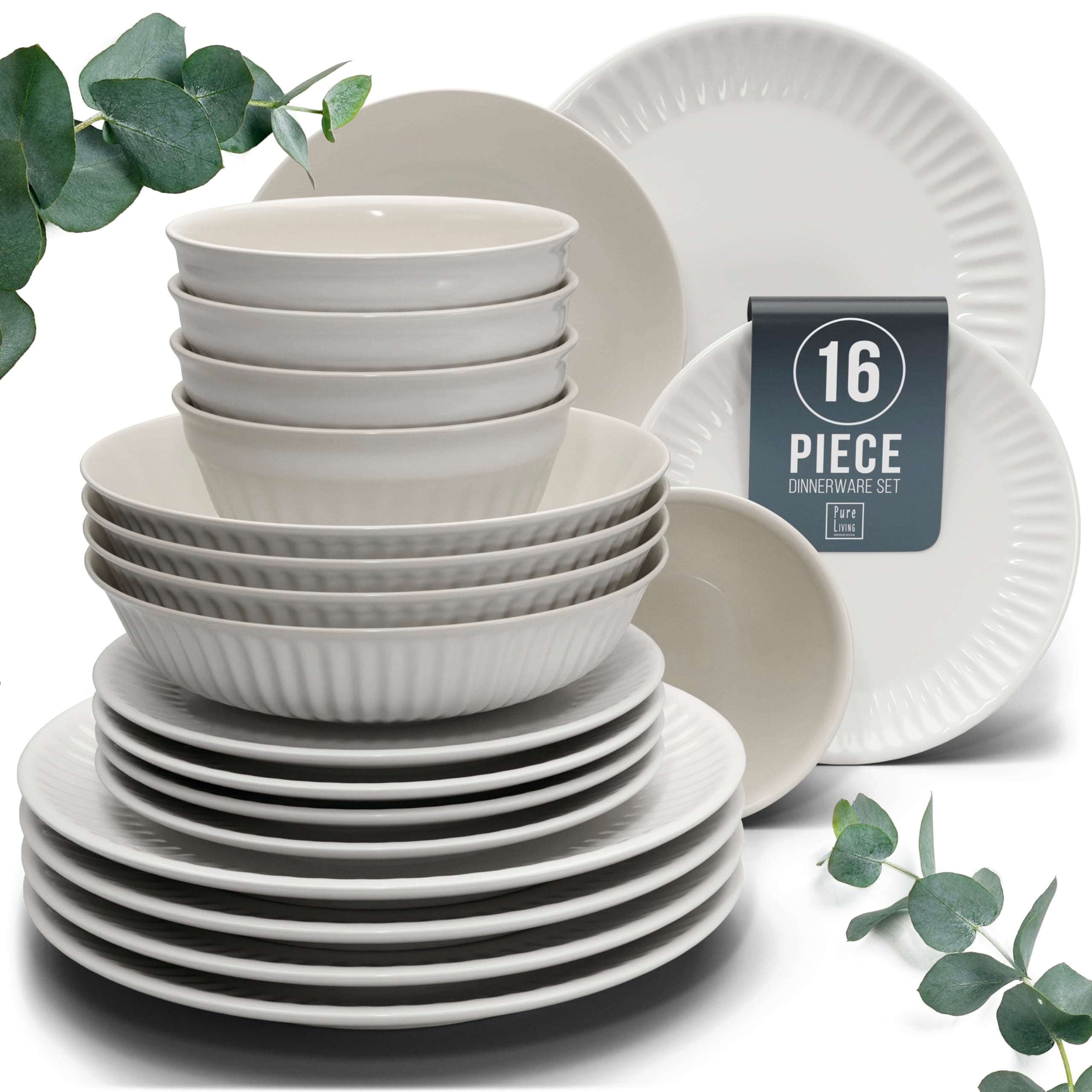 16-Piece Dinnerware Set - Bowl and Plate Set - Stoneware Dining Set for 4 People - Dishwasher and Microwave Safe - Grooved Dining Service in Light Grey
