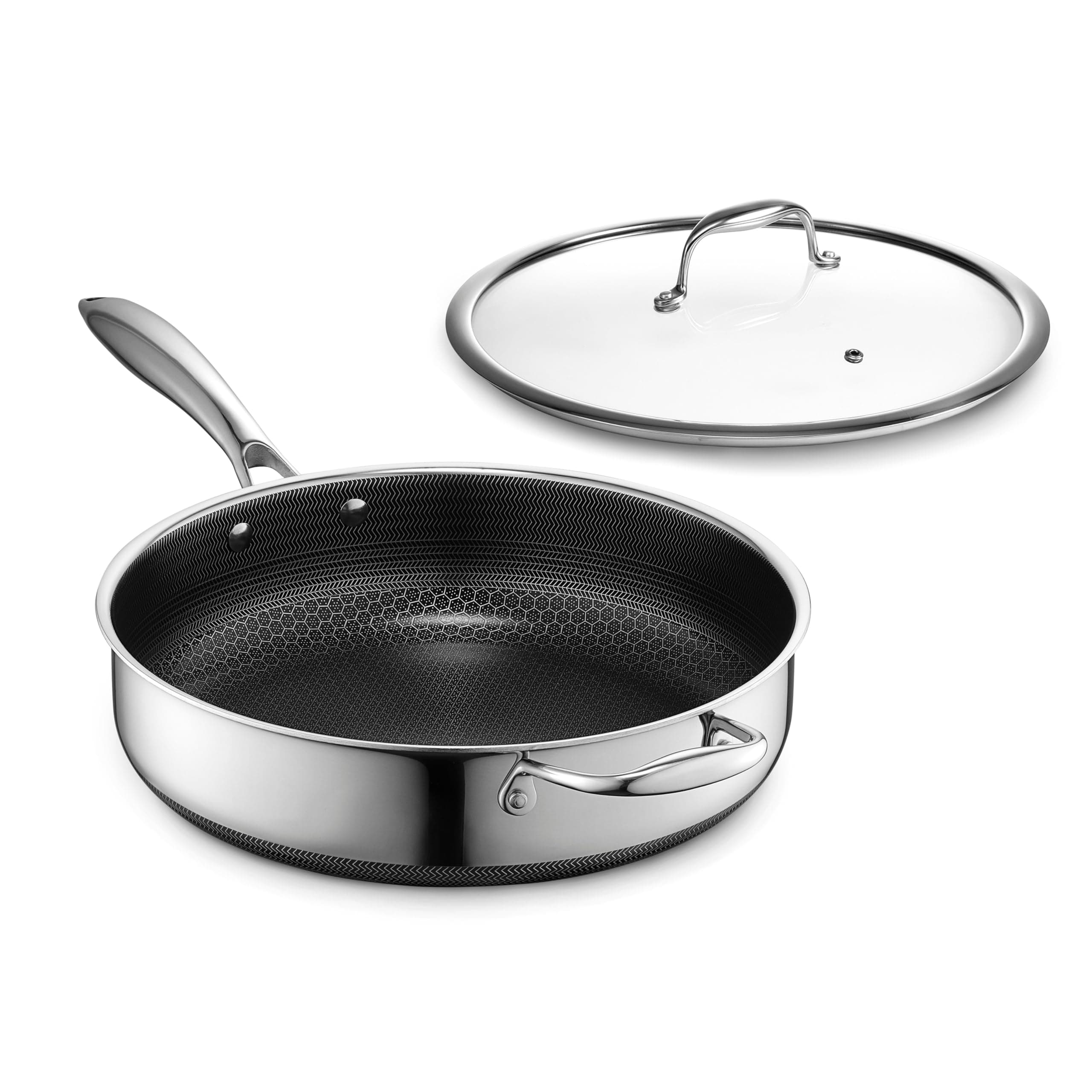 Hybrid Nonstick 4.5-Quart Deep Sauté Pan with Tempered Glass Lid, Stay-Cool Handle, Dishwasher-Friendly, Oven-Safe Up to 900°F, Induction Ready, Compatible with All Cooktops