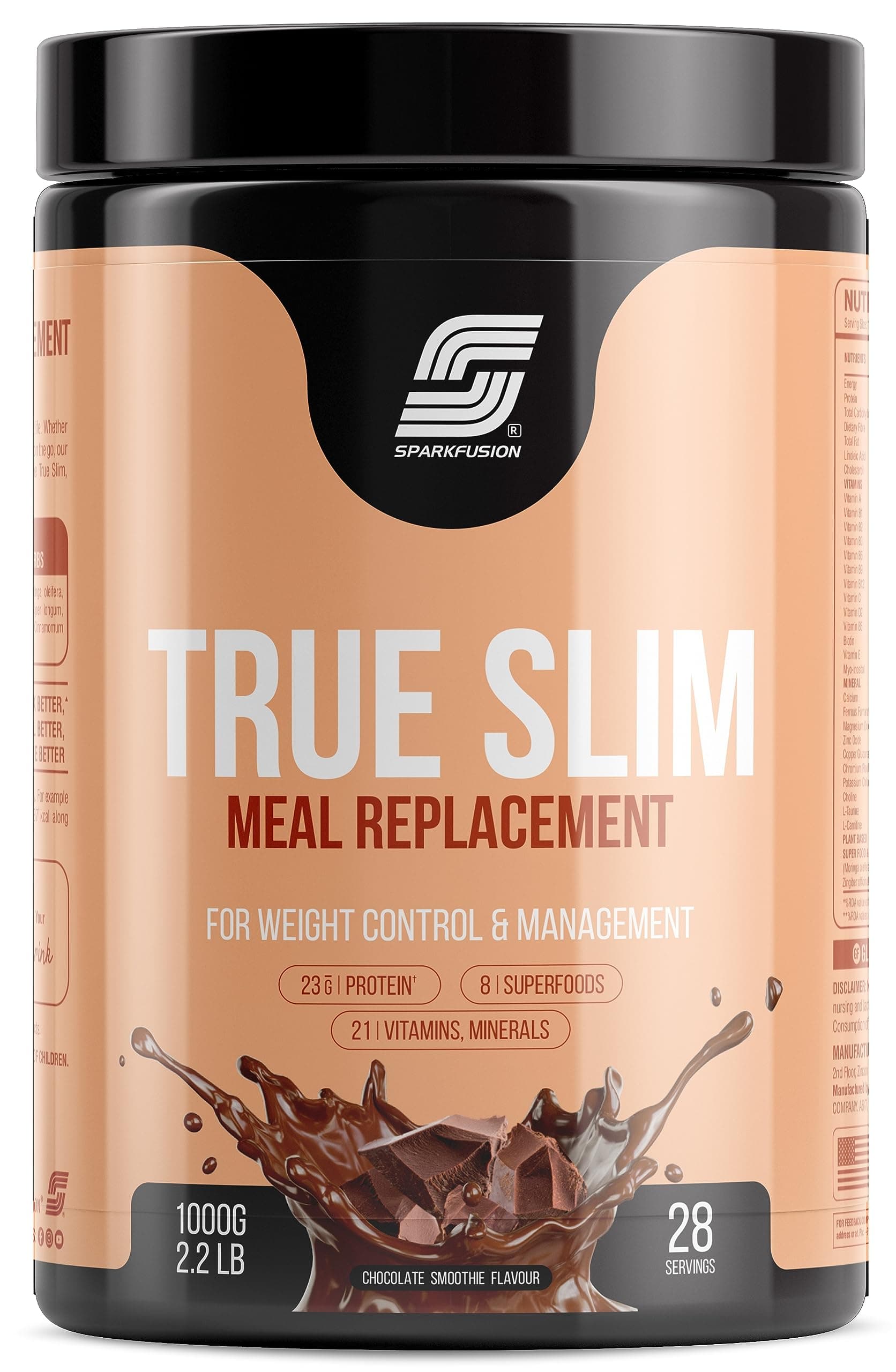 Sparkfusion True Slim Protein Powder Meal Replacement Shake | For Weight Control And Management | With 8 Ayurvedic Superfood | Sugar Free | For Men and Women (1000 g (Pack of 1), Chocolate Smoothie)