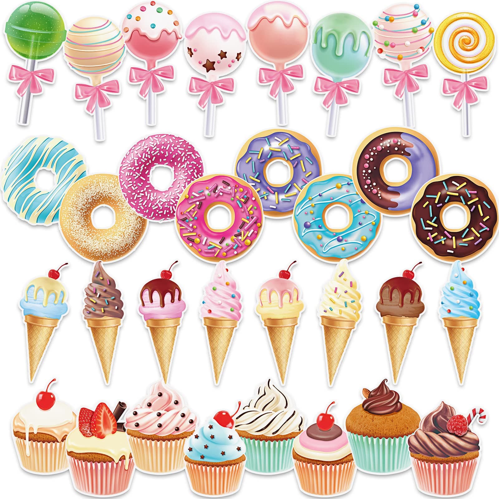 Sepamoon 32 Pcs Candy Decorations Includes Ice Cream Donuts Lollipop Cupcakes Cutouts Sweet Birthday Supplies with Glue Point Dots for Baby Shower Decor
