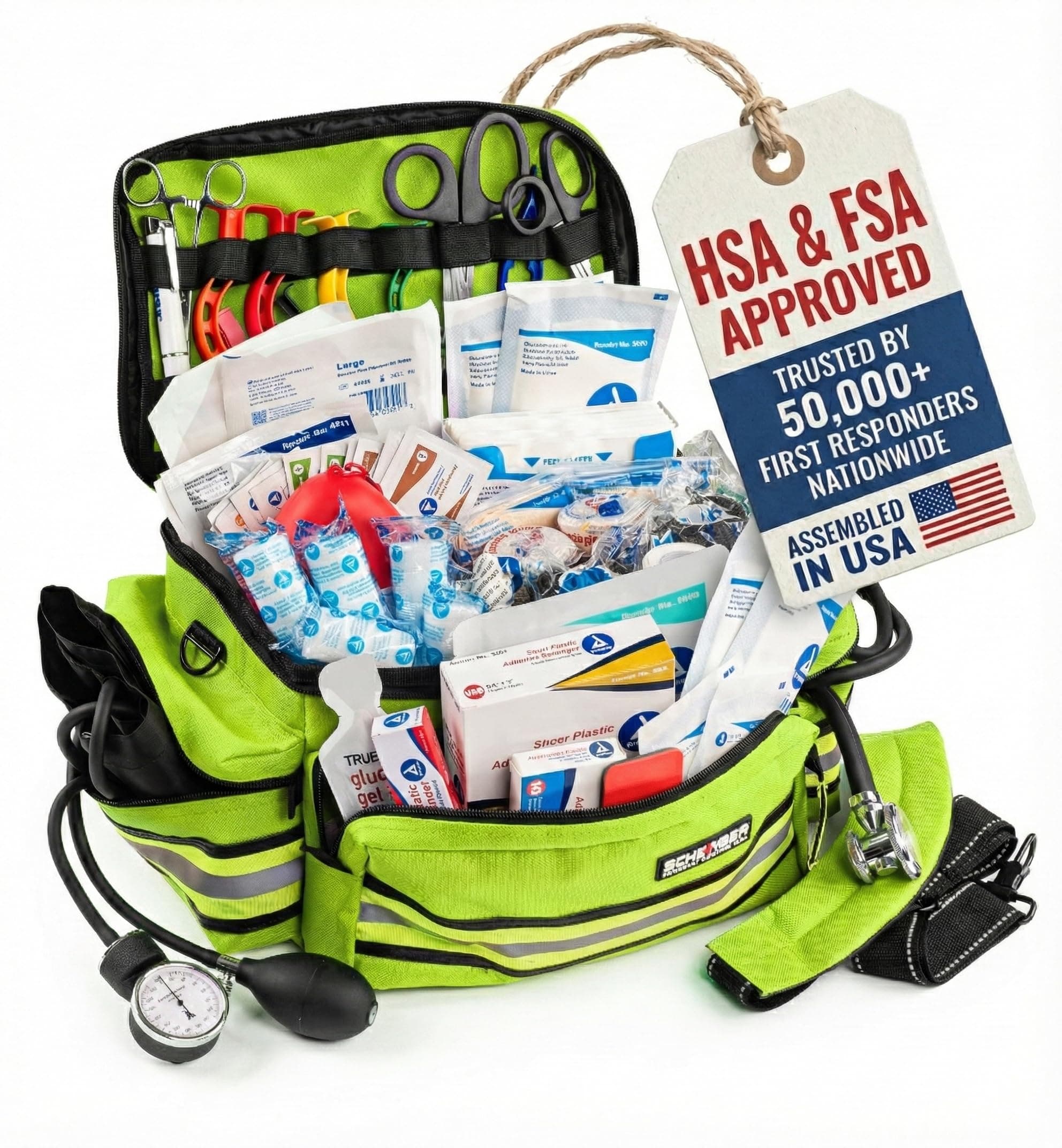 Scherber First Responder Fully-Stocked Professional Essentials EMT/EMS Trauma Kit | HSA/FSA Approved | Reflective Bag w/8 Zippered Pockets & Compartments & 200+ First Aid Supplies - Yellow