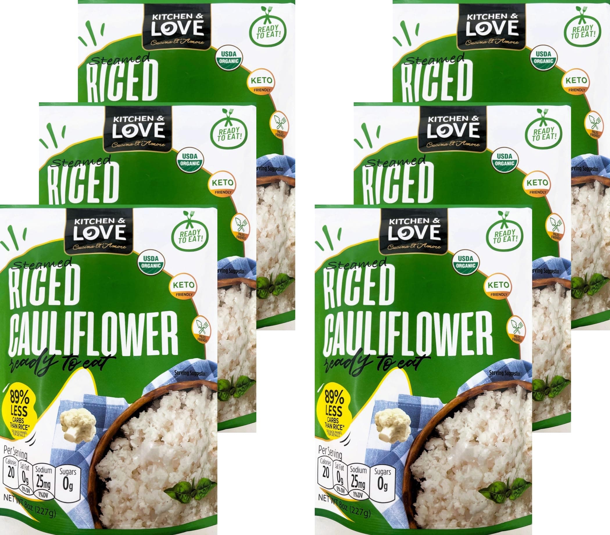 Kitchen & Love Riced Cauliflower 8 oz (6 Pack) | Low Carb Rice Alternative, Vegan, Gluten Free, Ready to Eat Food or Microwaveable Food, Dairy Free, Shelf Stable Food, Precooked Rice
