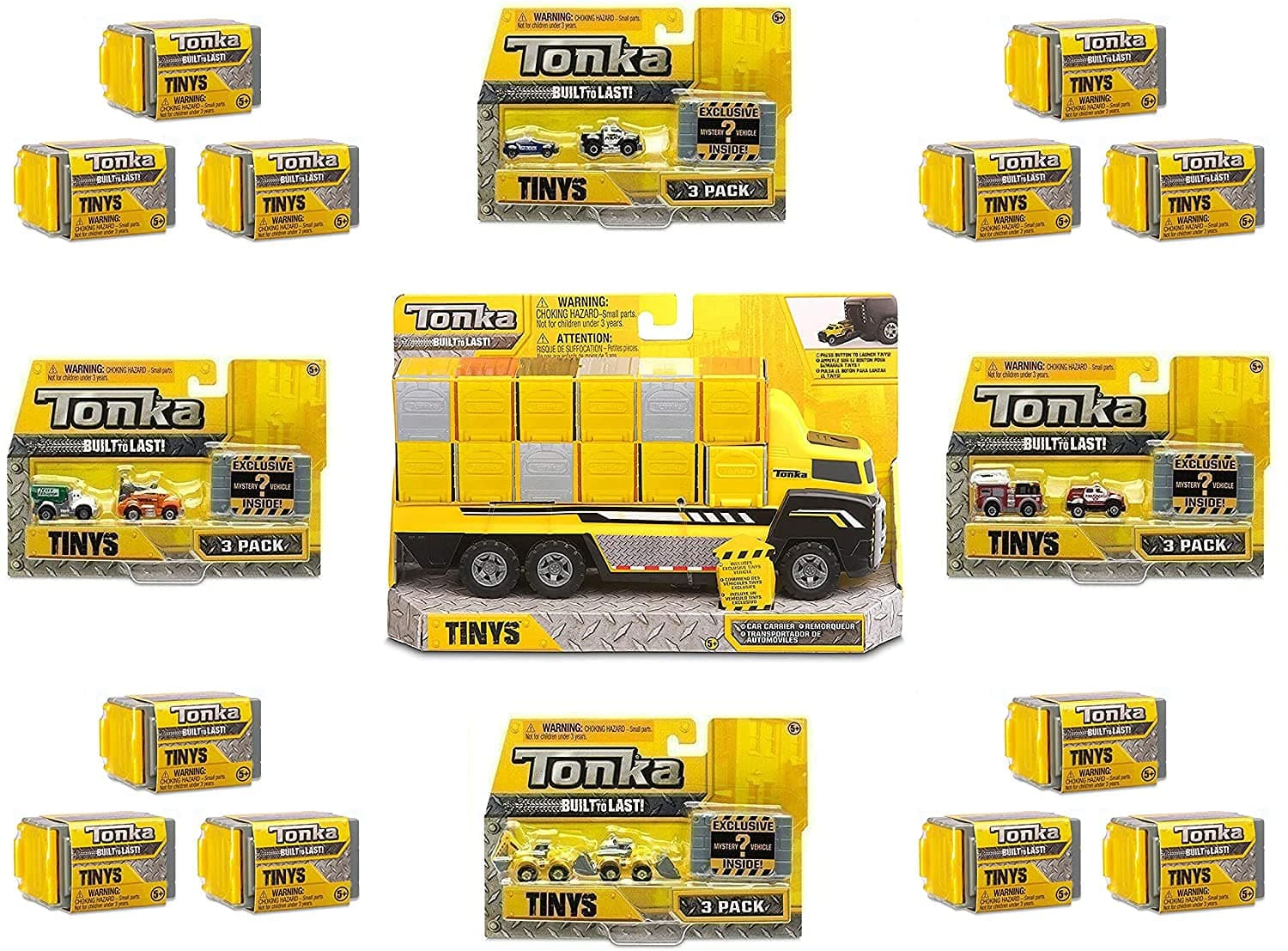 Tonka Tinys 17 Pc Mega Value Gift Set - Tonka Garage Carrier Lorry Truck, All 4 3 Pack Tiny Sets & 12 extra Blind Garage & Vehicles RRP £70