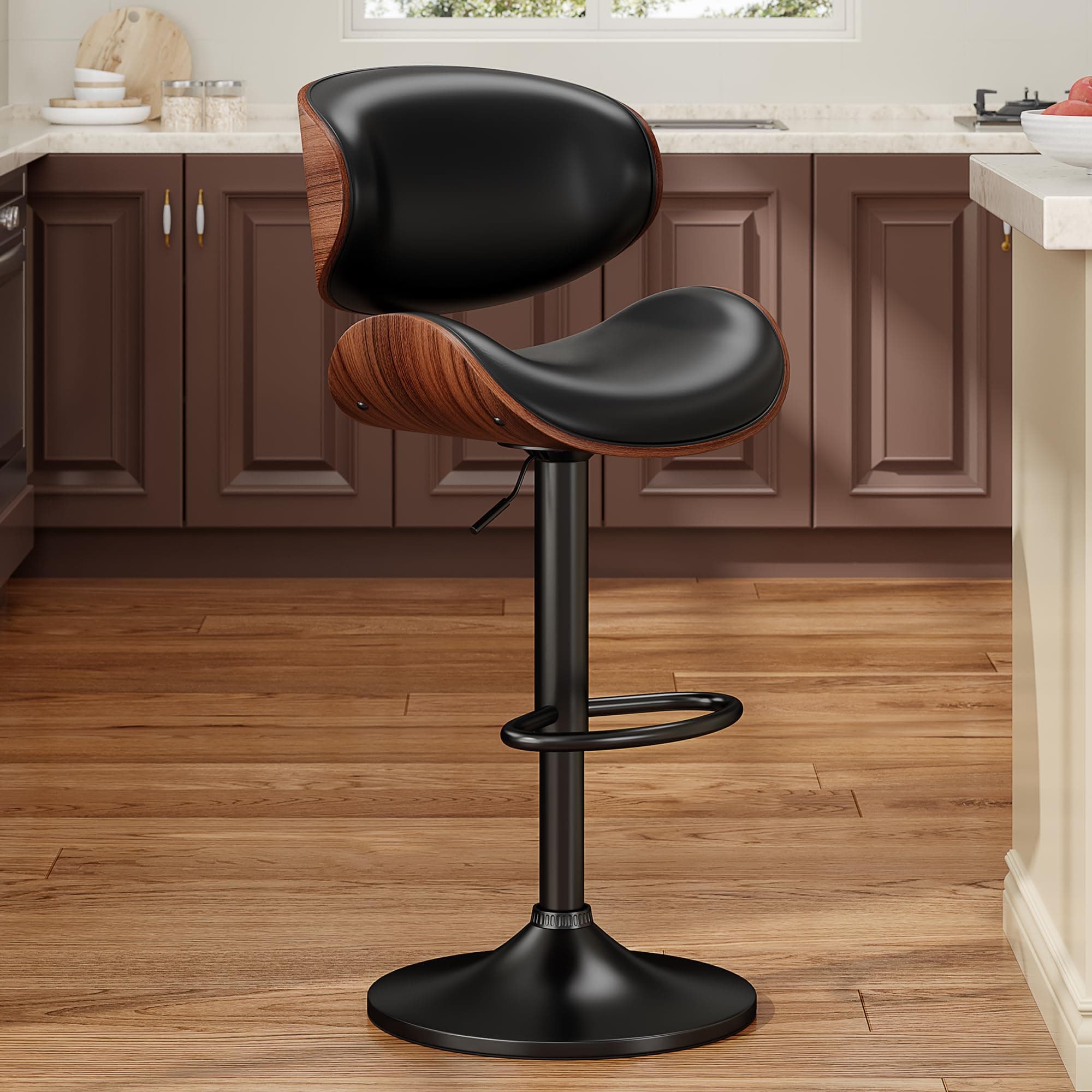 Swivel Bar Stools for Kitchen Counter, Adjustable Bentwood Barstools, Modern PU Leather Upholstered Bar Stool with Back and Footrest, for Bar, Kitchen, Dining Room (Black 1PCS)
