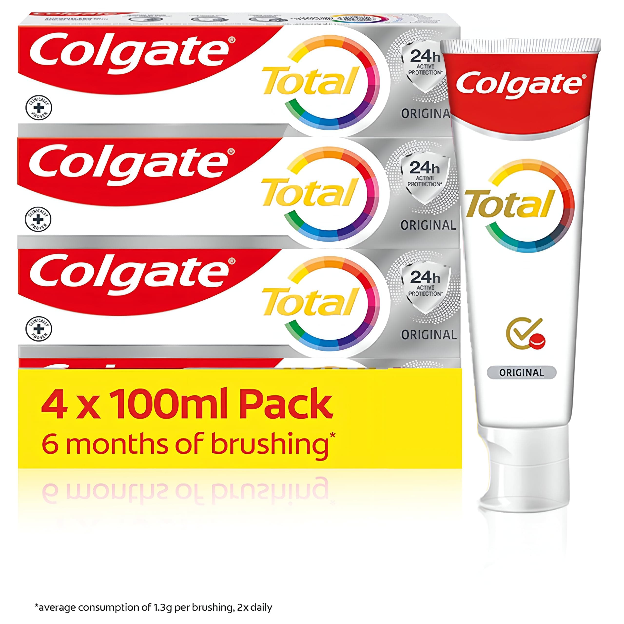 Total Original Toothpaste 4x100ml | Stronger 24-hour bacterial defence* | Unique dual zinc antibacterial technology | 8 benefits for complete protection | Fresh breath | 6 months of brushing**