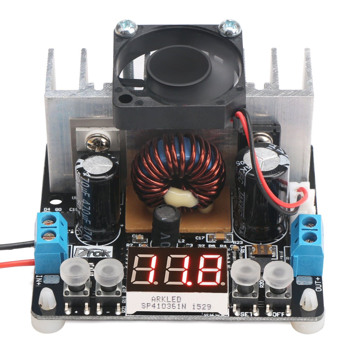 Droking Adjustable Voltage Regulator with Heatsink Fan DC-DC Buck Converter 6-40V to 0-38V 8A Voltage Stabilizer Power Supply Constant Volt Step Down Converter Module Digital Voltmeter Display