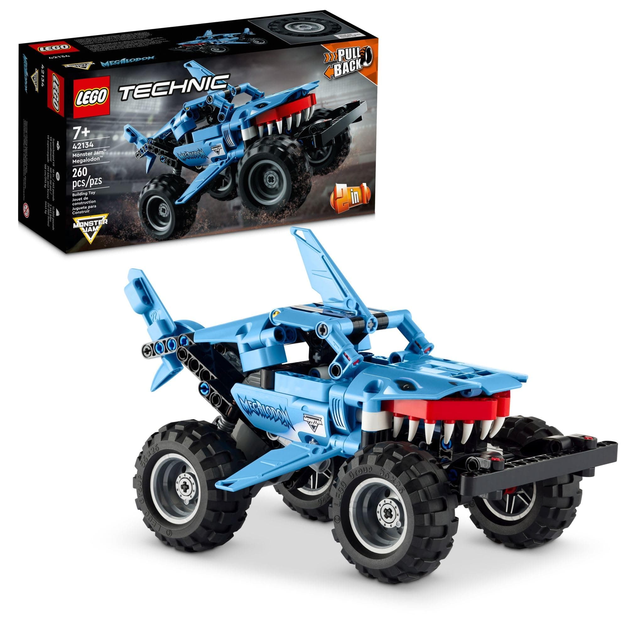 LEGO Technic Monster Jam Megalodon Building Set, 2 in 1 Pull Back Shark Truck to Lusca Low Racer Car Toy, DIY Building Toy Ideas for Outdoor Play for Kids, Boys, and Girls Ages 7 and Up, 42134