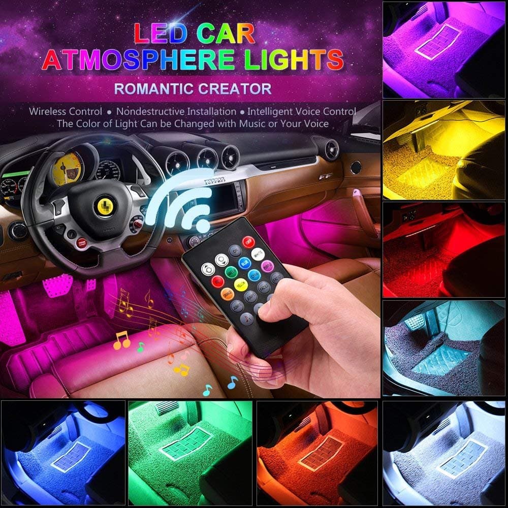 Car LED Strip Light-Carantee 4pcs 48 LED Multicolor Music Interior Car Lights, 8 Colors 4 Modes Wireless Remote Control with Sound Active Function Under Dash Lighting kits-Car Charger Included,DC 12V