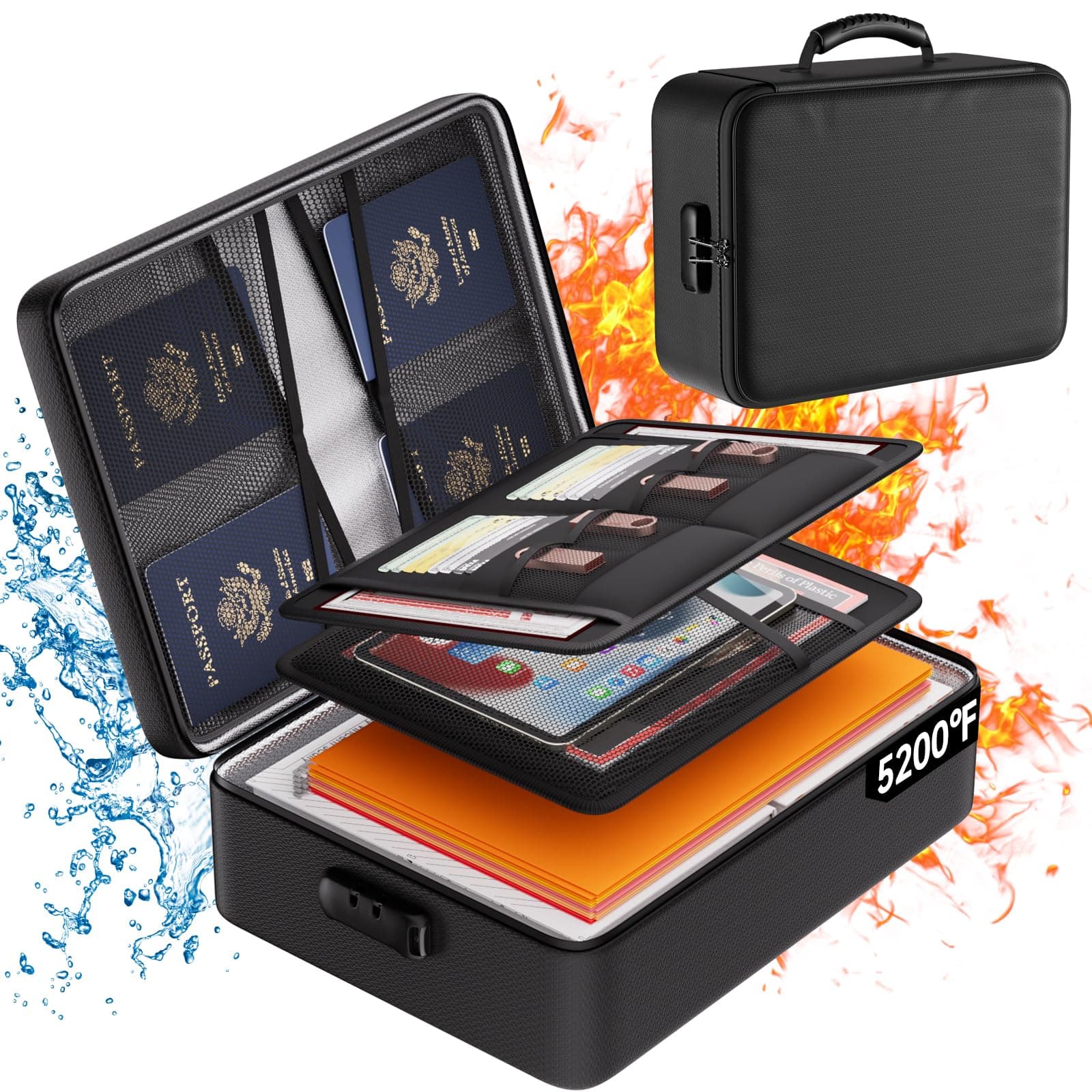 DocSafe 5200°F Document Organizer with Lock, Upgraded Heat Insulated Fireproof&Water-Resistant Box 8 Layers File Organizer, Portable Home Travel Safe Storage for Important Documents and More