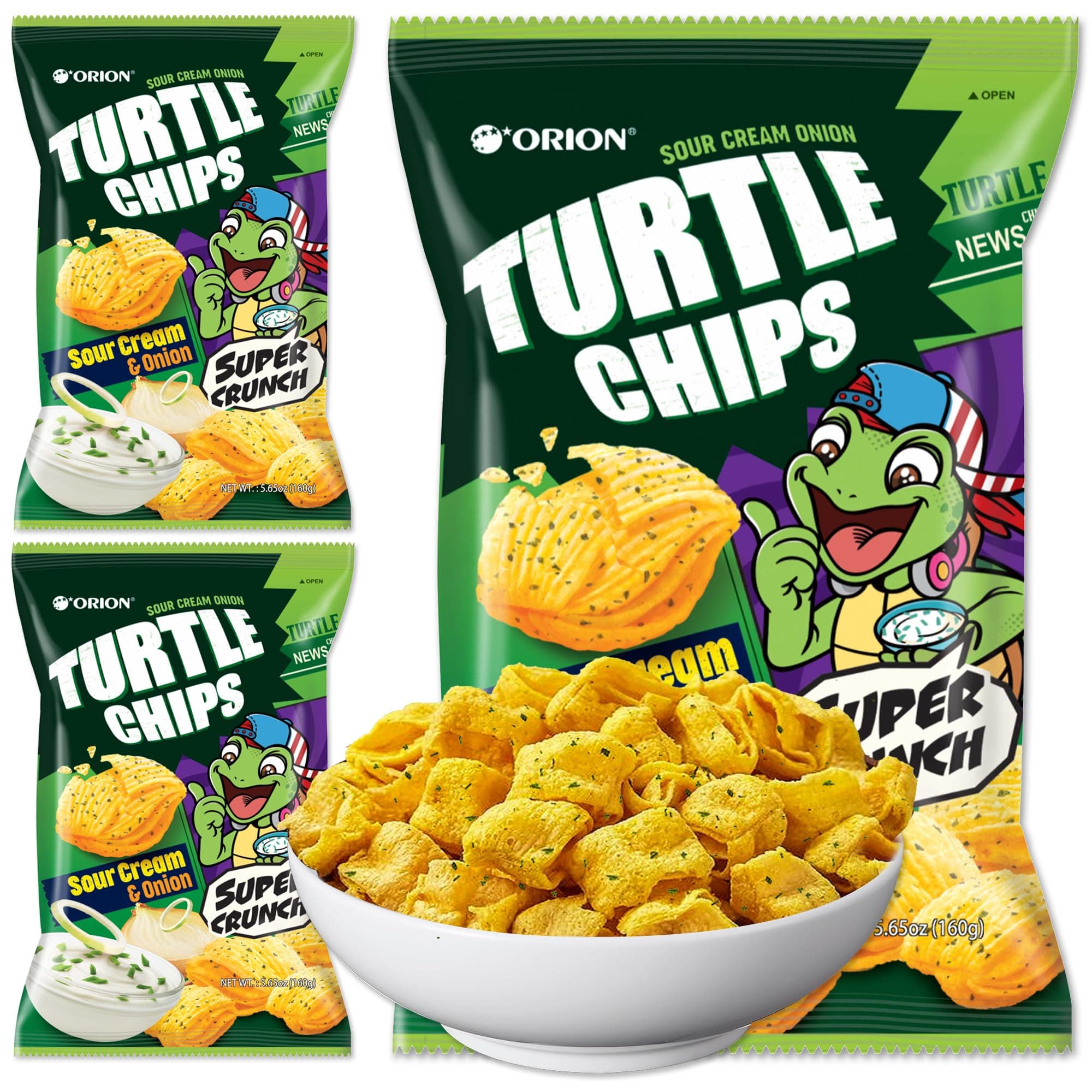 K-Munchies Orion Turtle Chips – Large 3 x 160-gram Sour Cream and Onion Flavor Korean Chips – Big Bag, Party Size Tasty, Crispy Korean Corn Snacks - Bite-Sized, On-The-Go Korean Corn Snack for Family