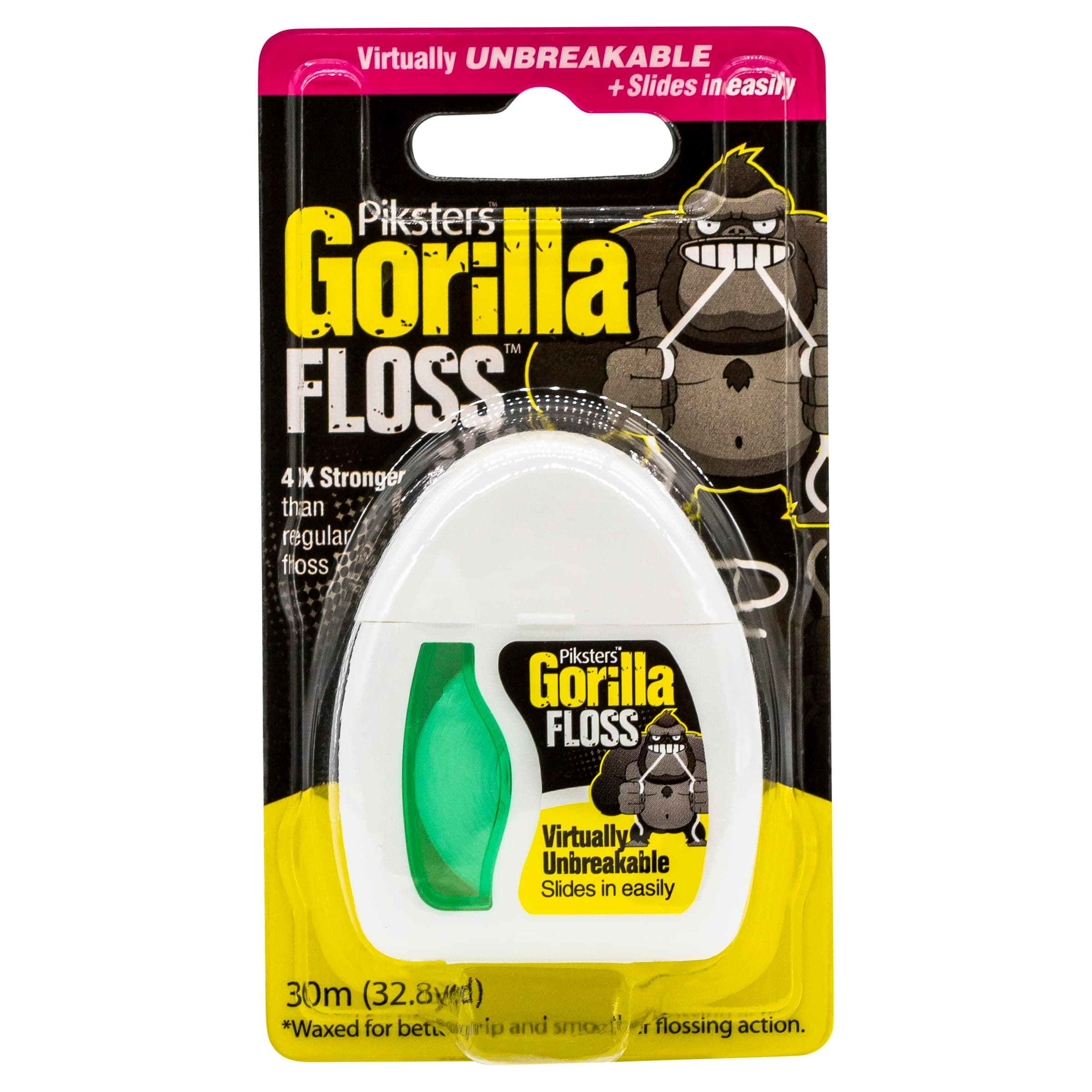 Piksters Gorilla Floss, 30m (32.8 Yds) Extra Strong Dental Floss, Plaque Remover for Teeth, Shred Resistant, Smooth Gliding, Waxed, Deep Cleaning Teeth Flosser, Oral Care for Adults & Kids